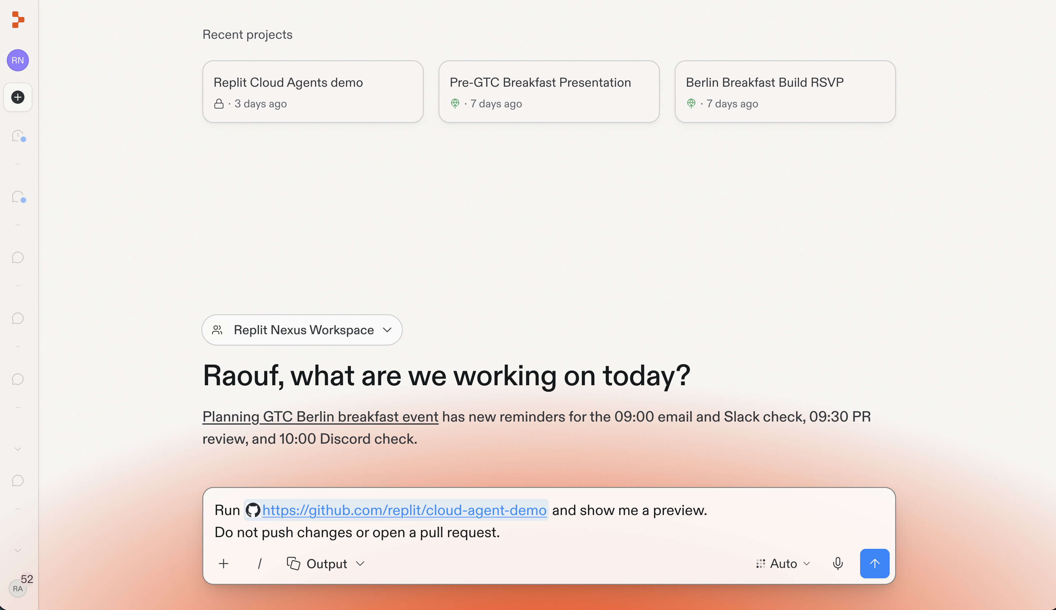 Replit chat composer with a prompt to run the Cloud Agent Demo and show a preview without pushing changes or opening a pull request.