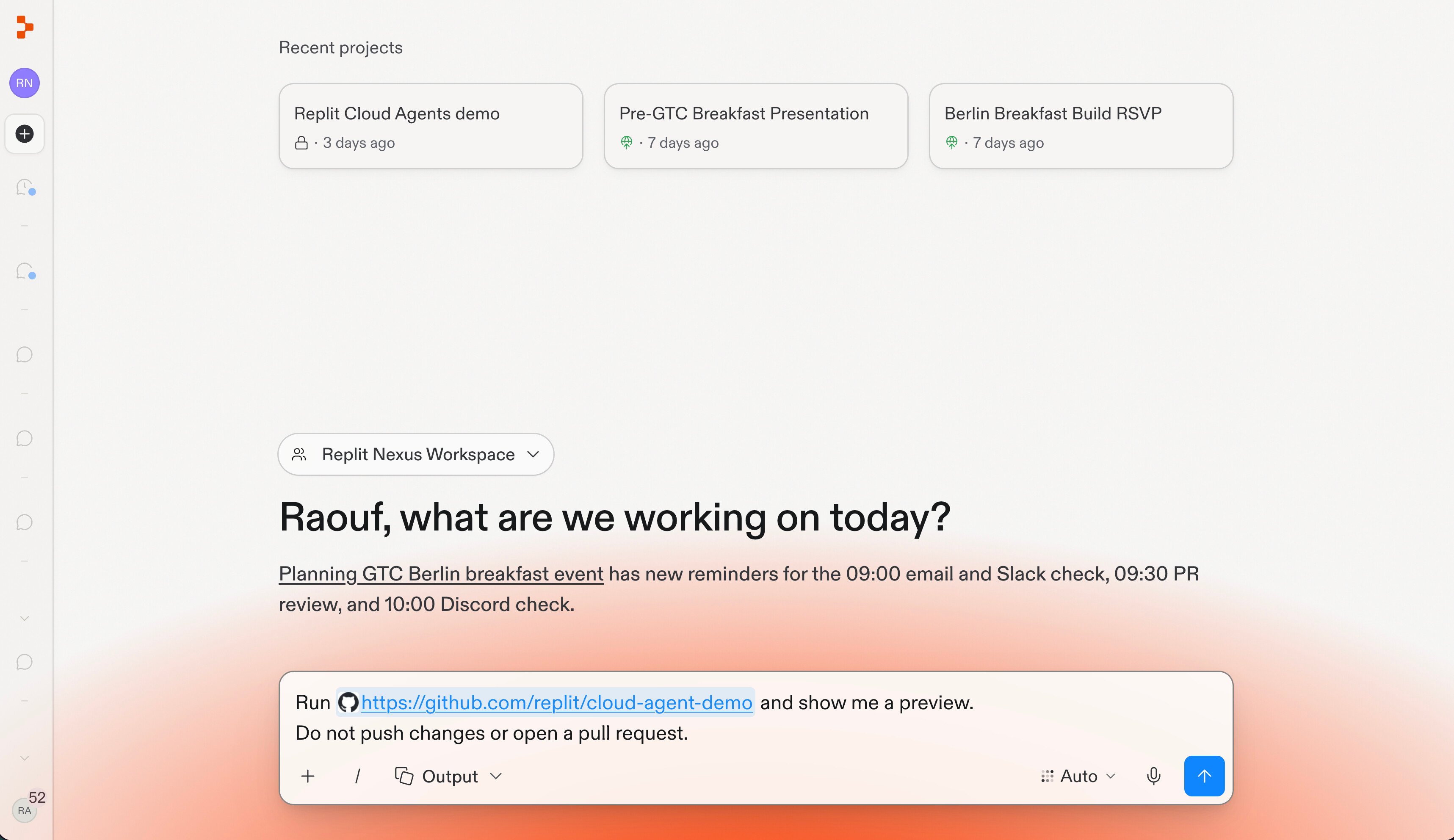 Replit chat composer with a prompt to run the Cloud Agent Demo and show a preview without pushing changes or opening a pull request.