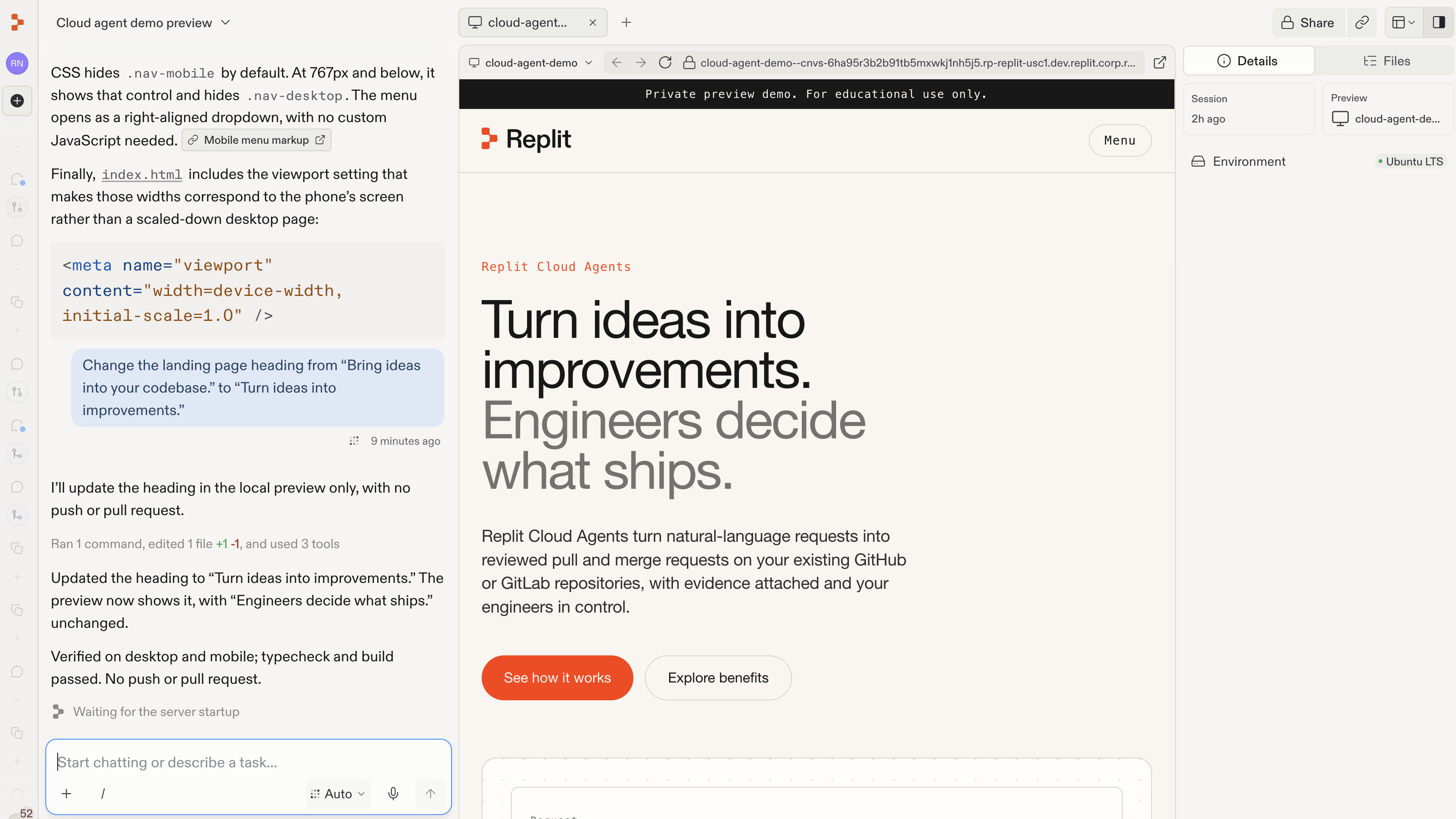 A request to change the landing page heading, with the updated heading shown in the preview.