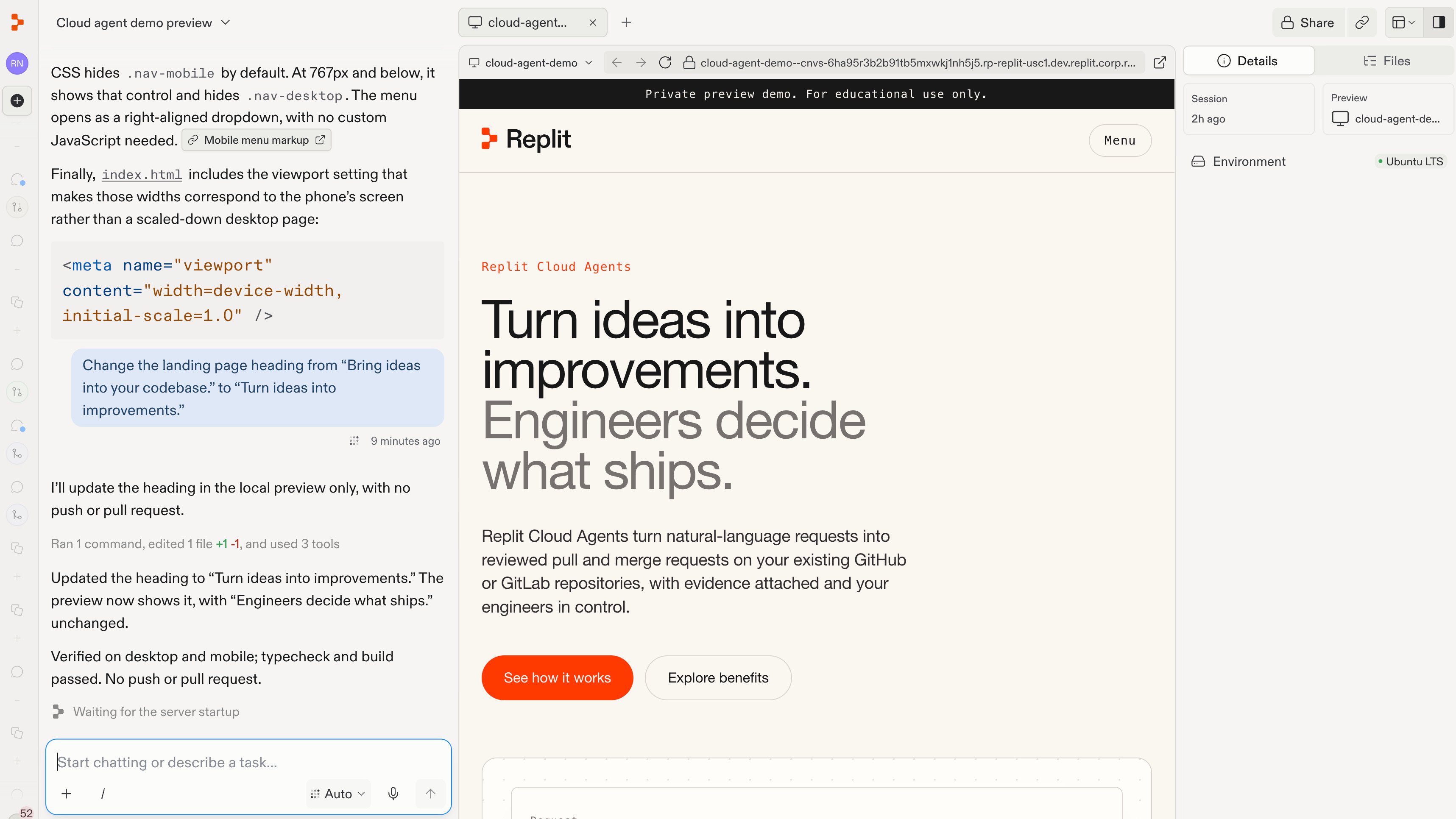 A request to change the landing page heading, with the updated heading shown in the preview.