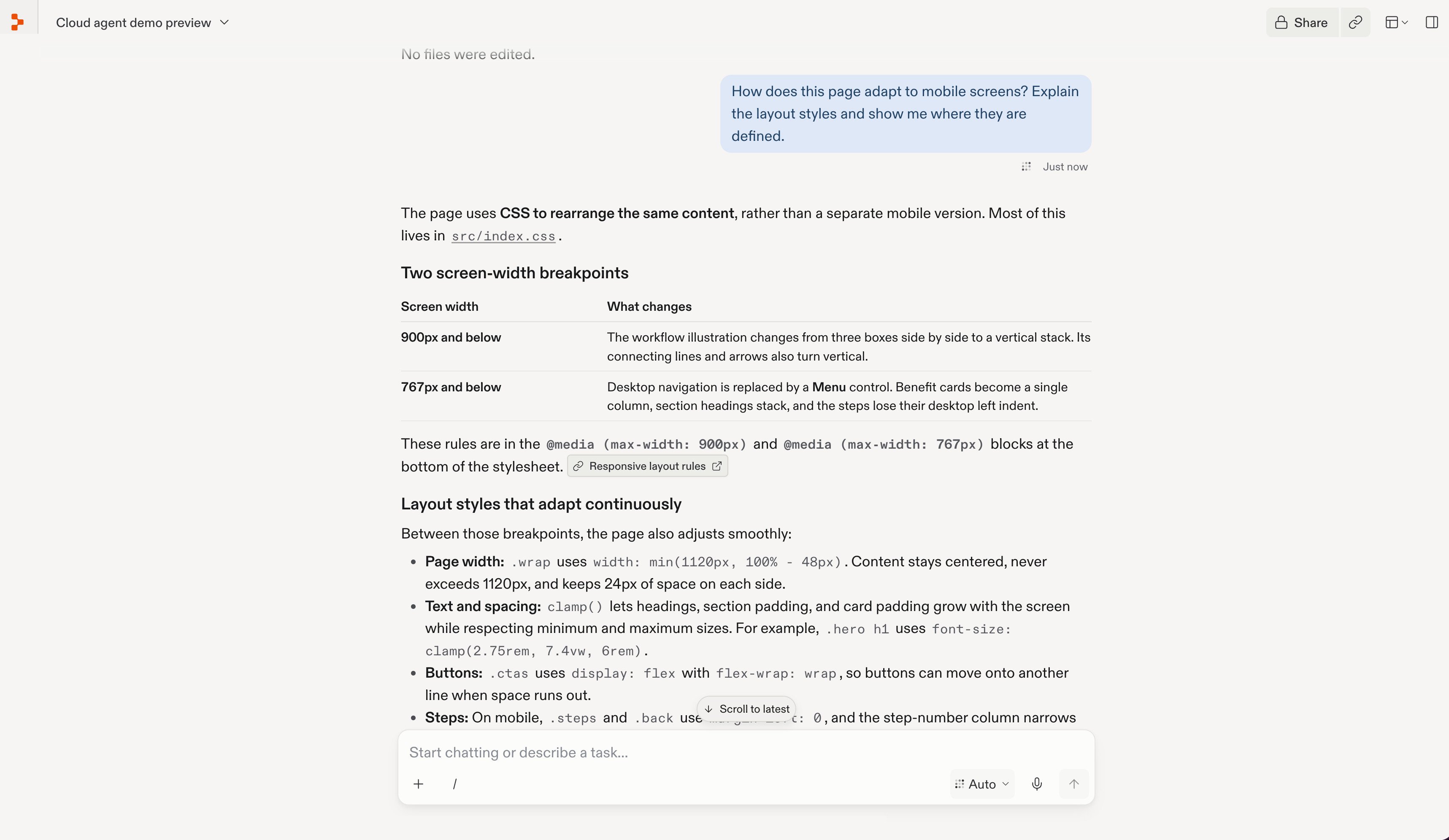 Replit answering a follow-up question about mobile layout, explaining screen-width breakpoints and linking to the stylesheet.