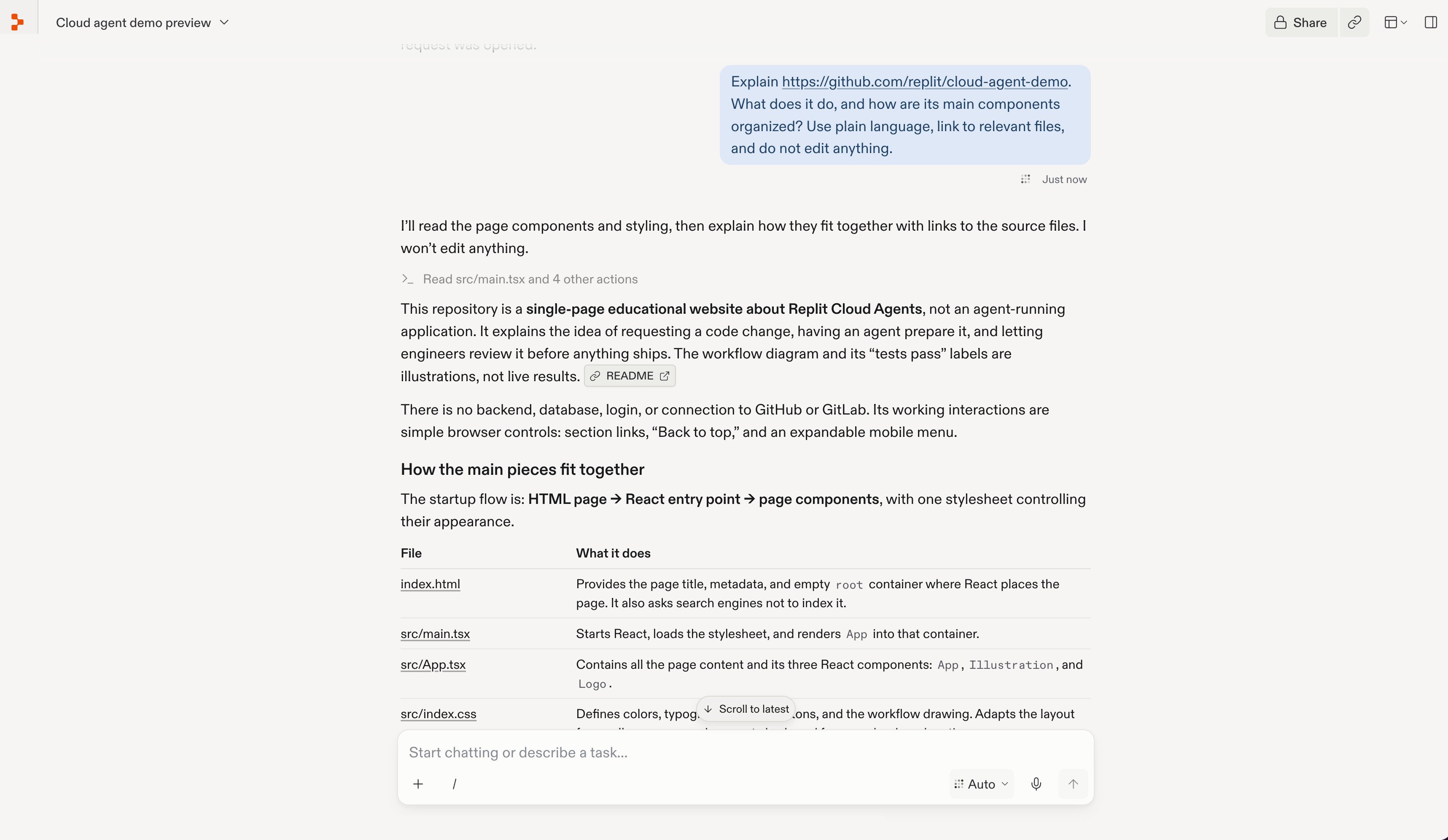Replit explaining the demo's purpose and listing its main files with descriptions and source links.