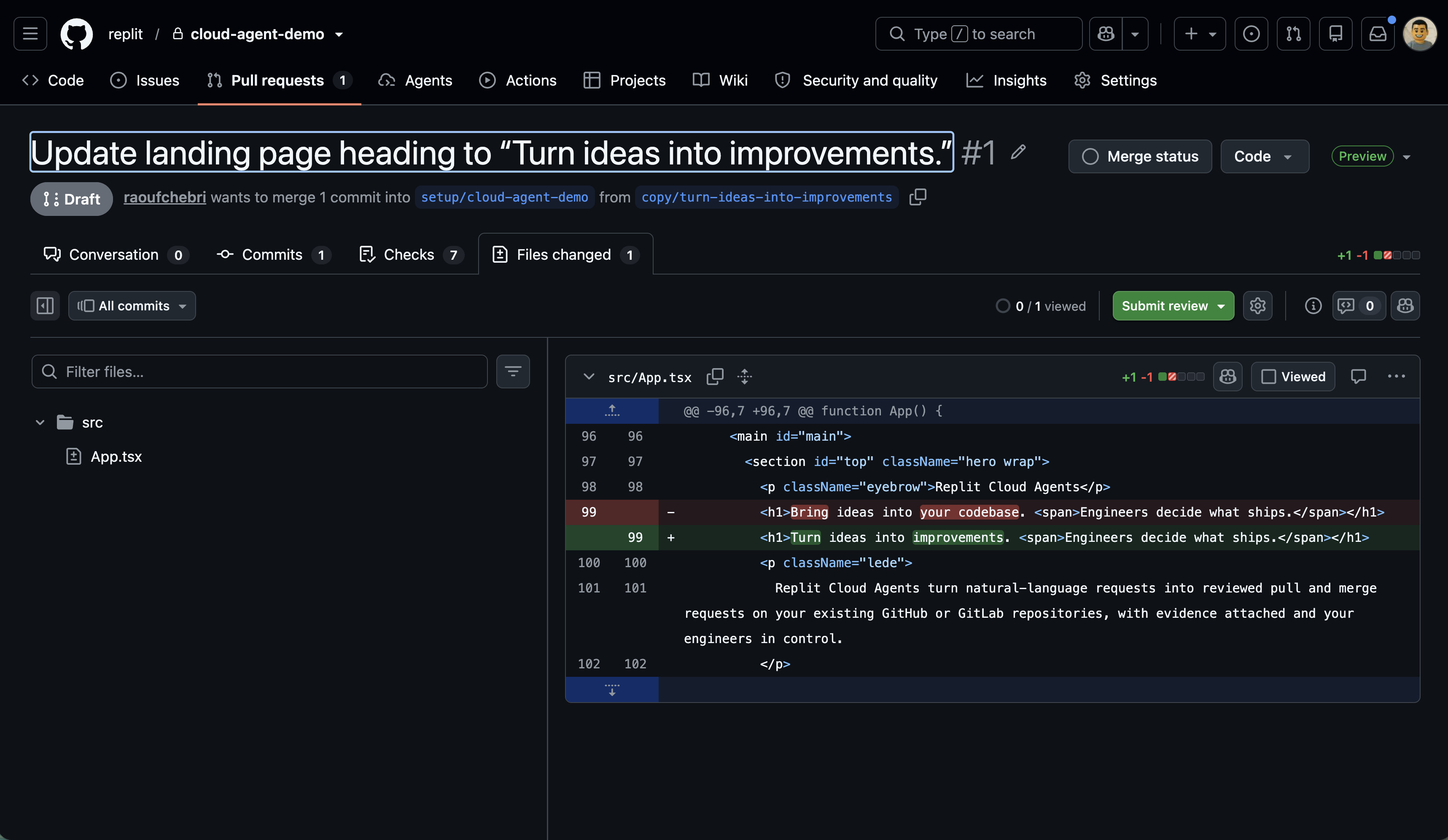 GitHub's Files changed tab shows the old heading replaced with Turn ideas into improvements.