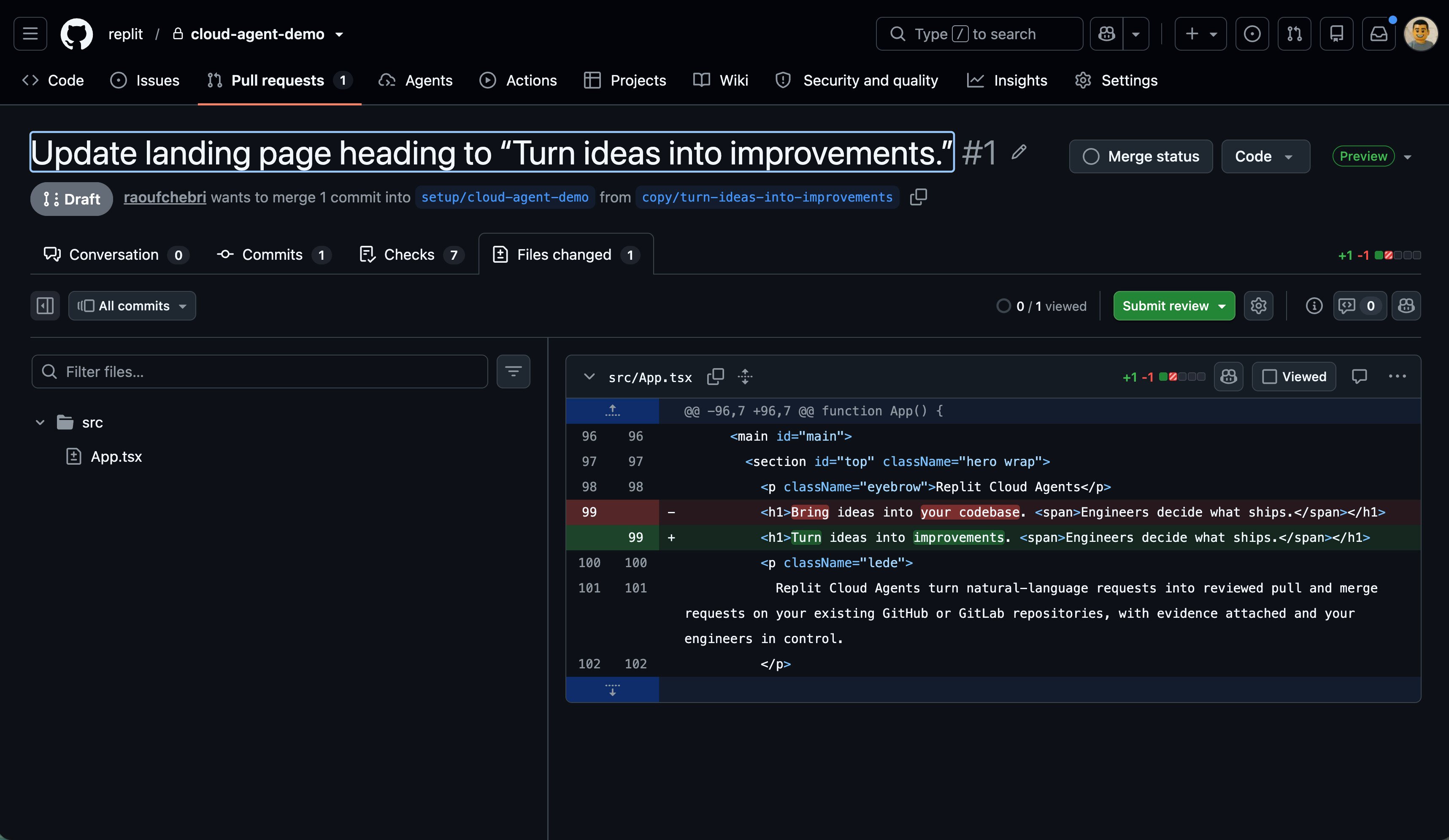 GitHub's Files changed tab shows the old heading replaced with Turn ideas into improvements.