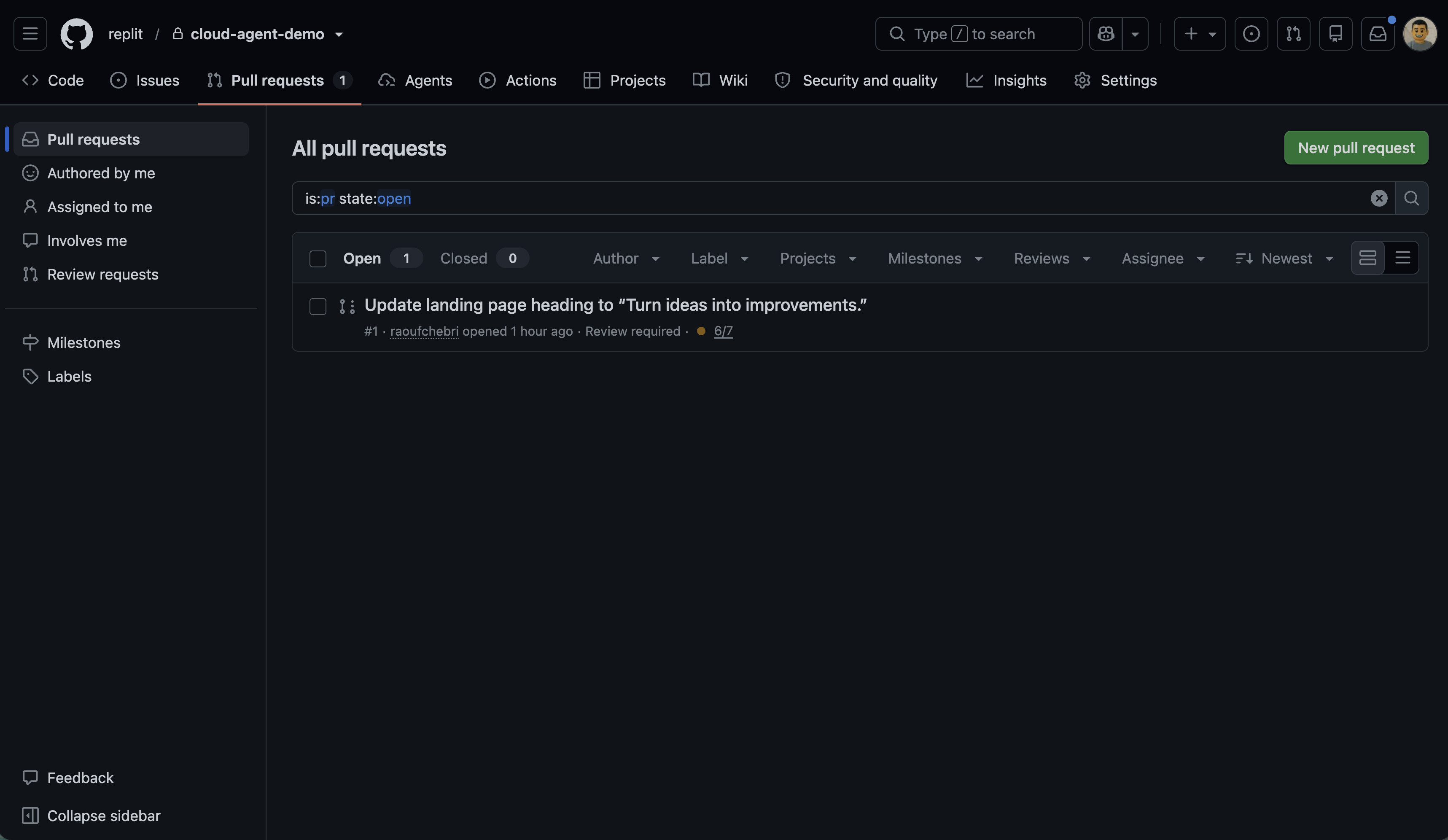 The heading-change pull request highlighted in GitHub's pull request list.