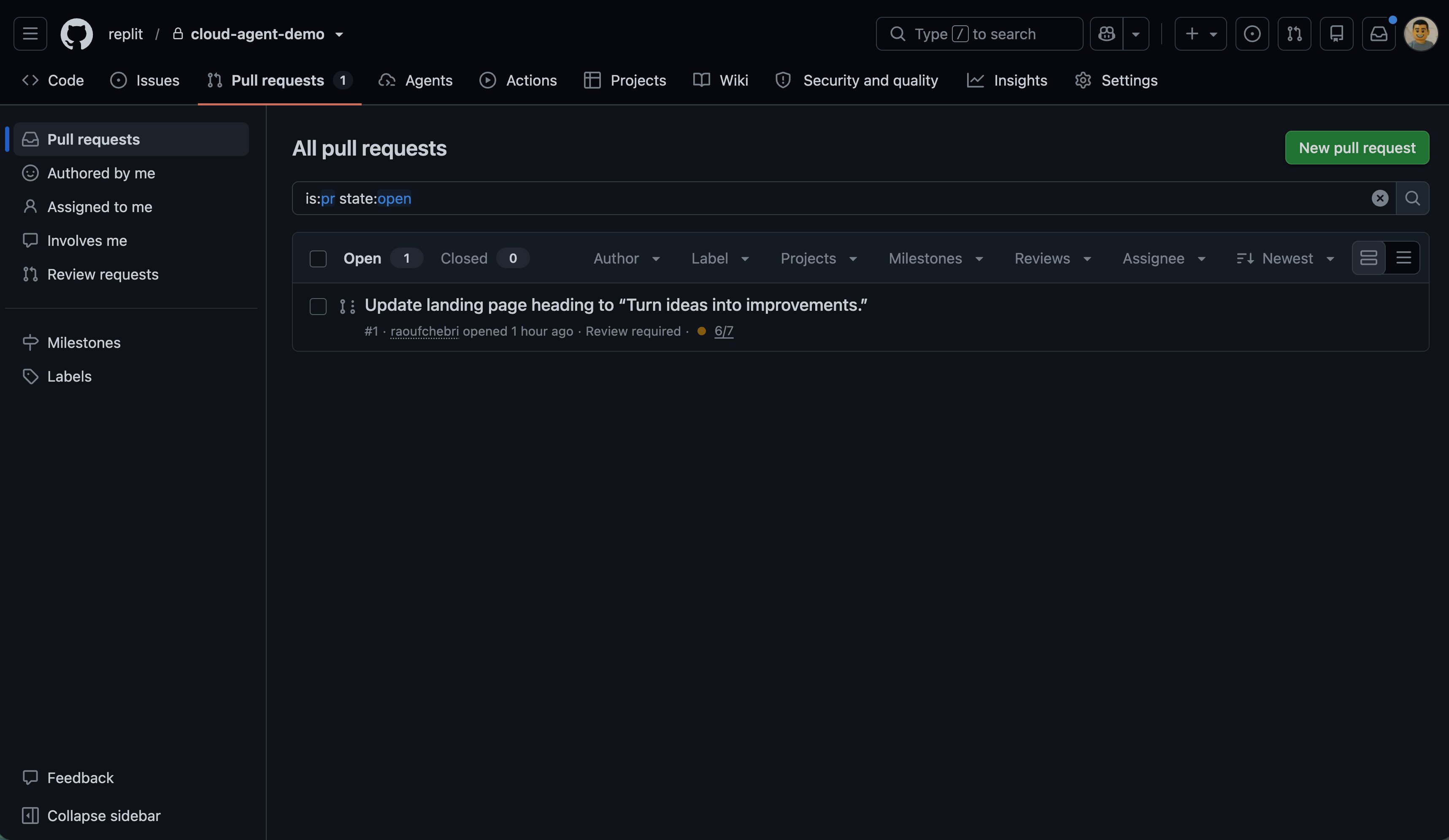 The heading-change pull request highlighted in GitHub's pull request list.