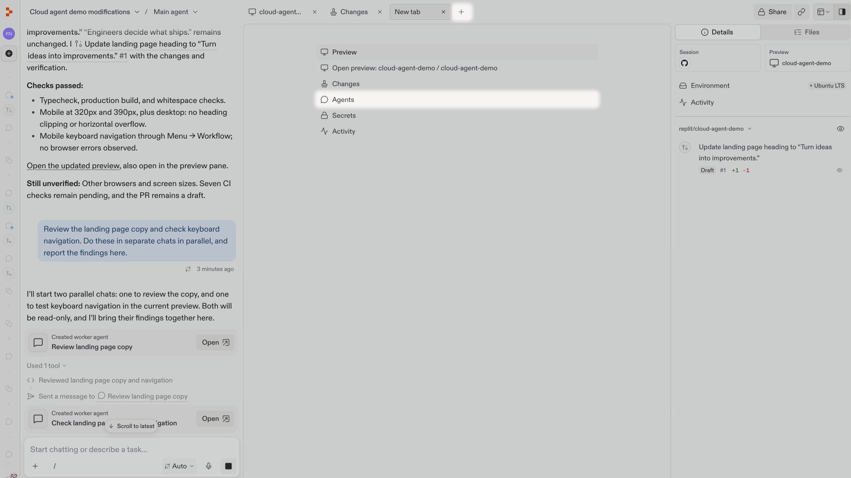 The new-tab plus button and Agents option are highlighted.