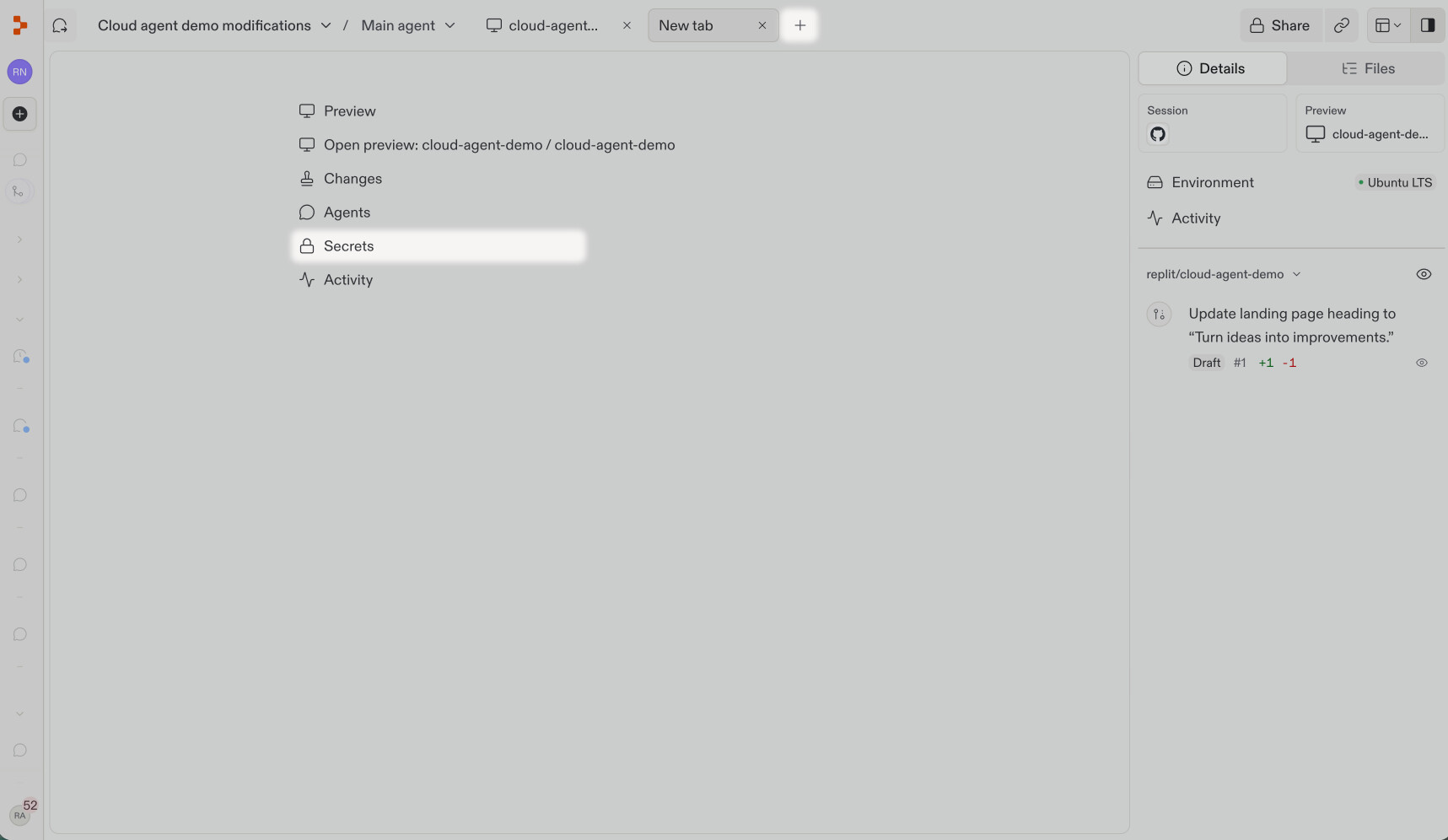The editor's new-tab menu with Secrets highlighted.
