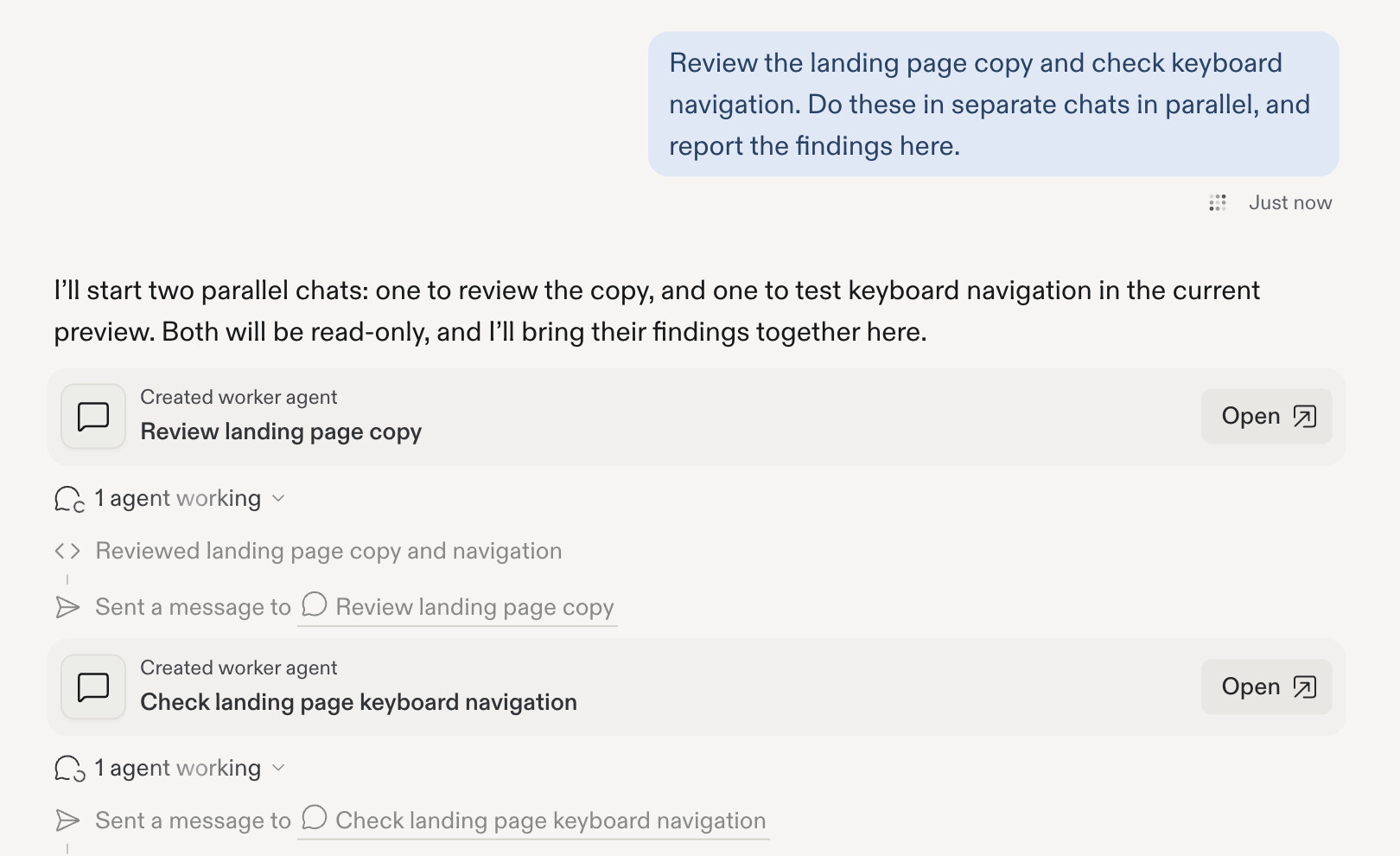 Replit creates two separate chats for reviewing landing page copy and checking keyboard navigation, each with an Open button.