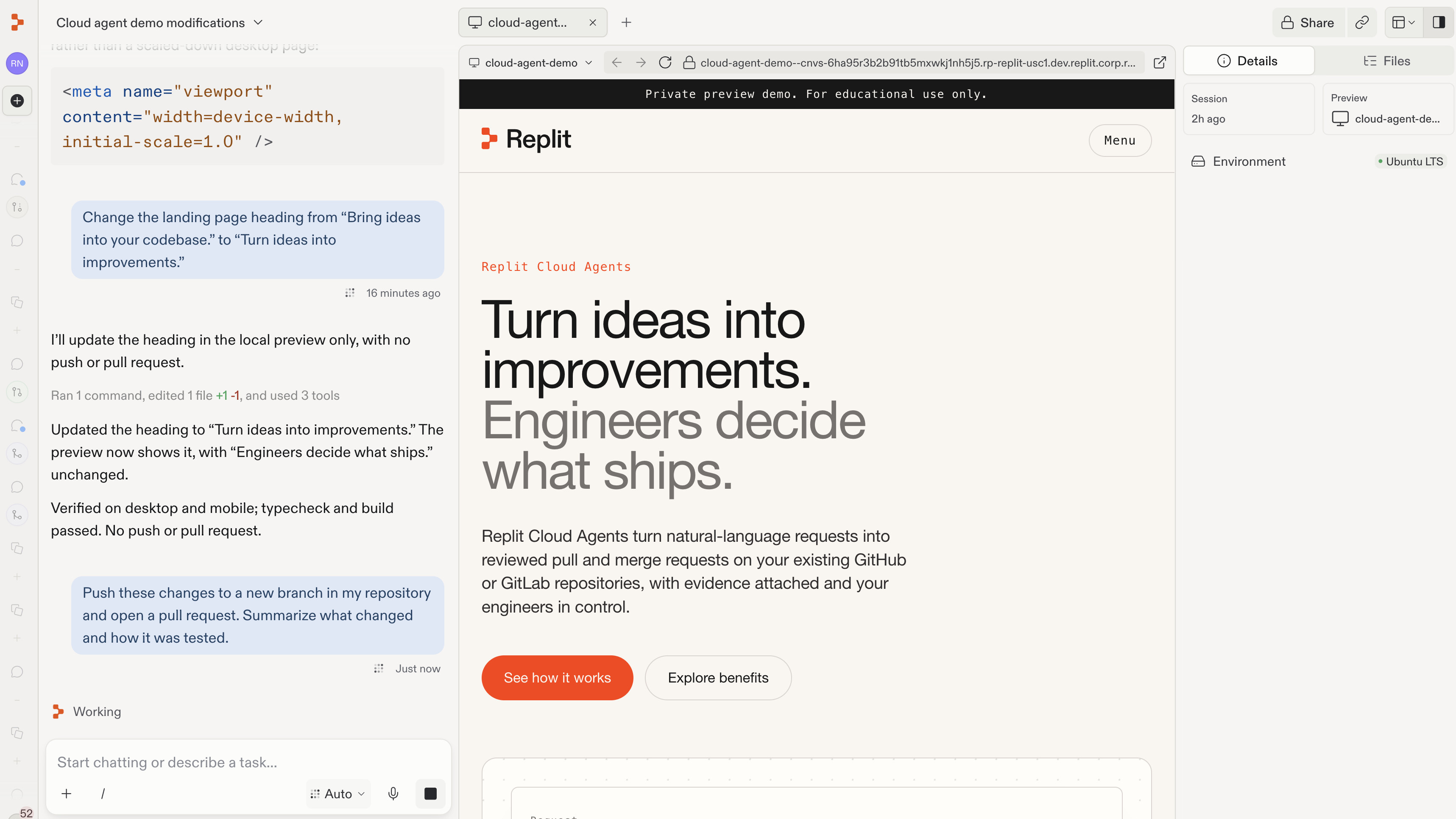 Asking Replit to push the heading change to a new branch and open a pull request.