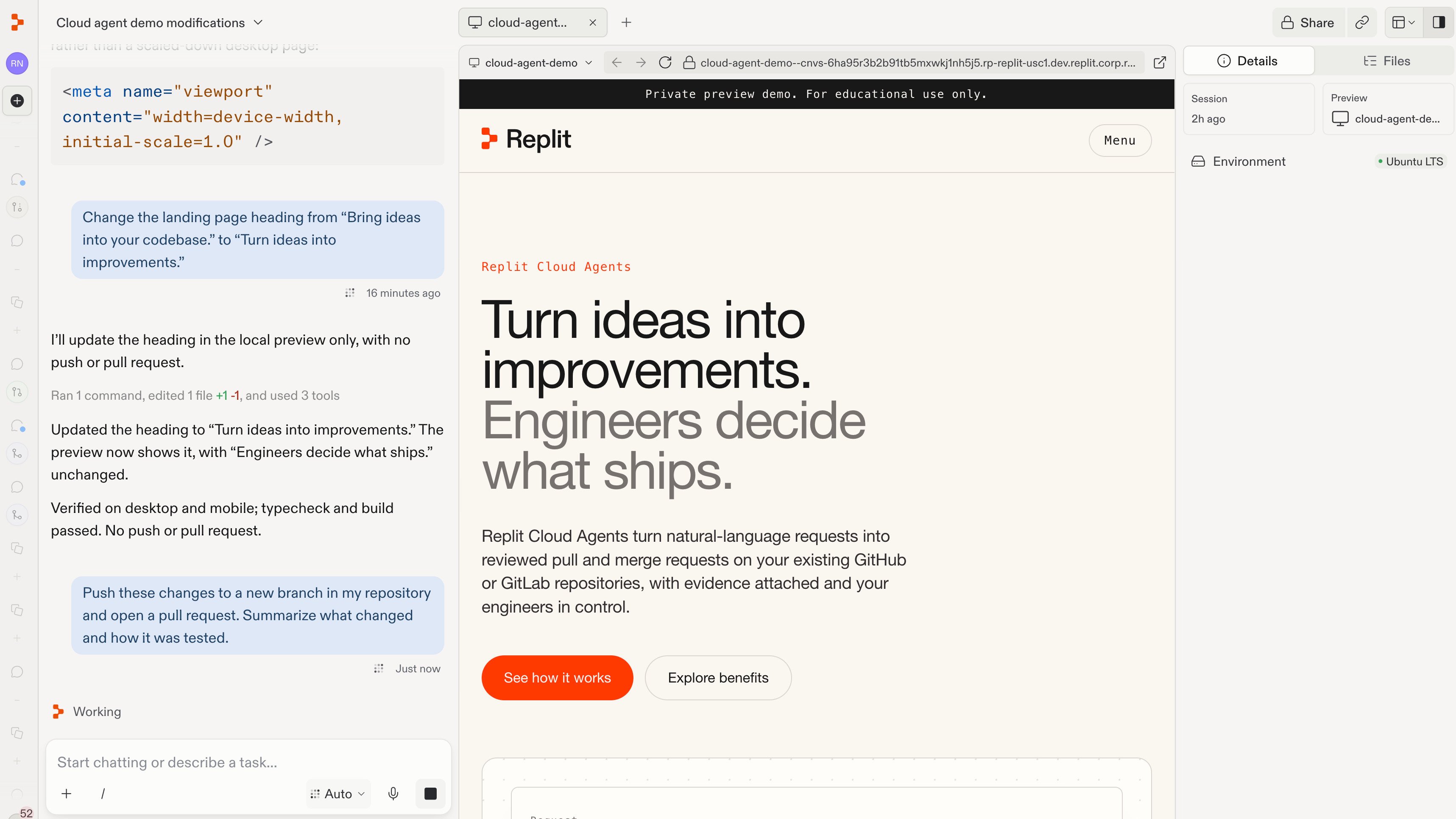 Asking Replit to push the heading change to a new branch and open a pull request.