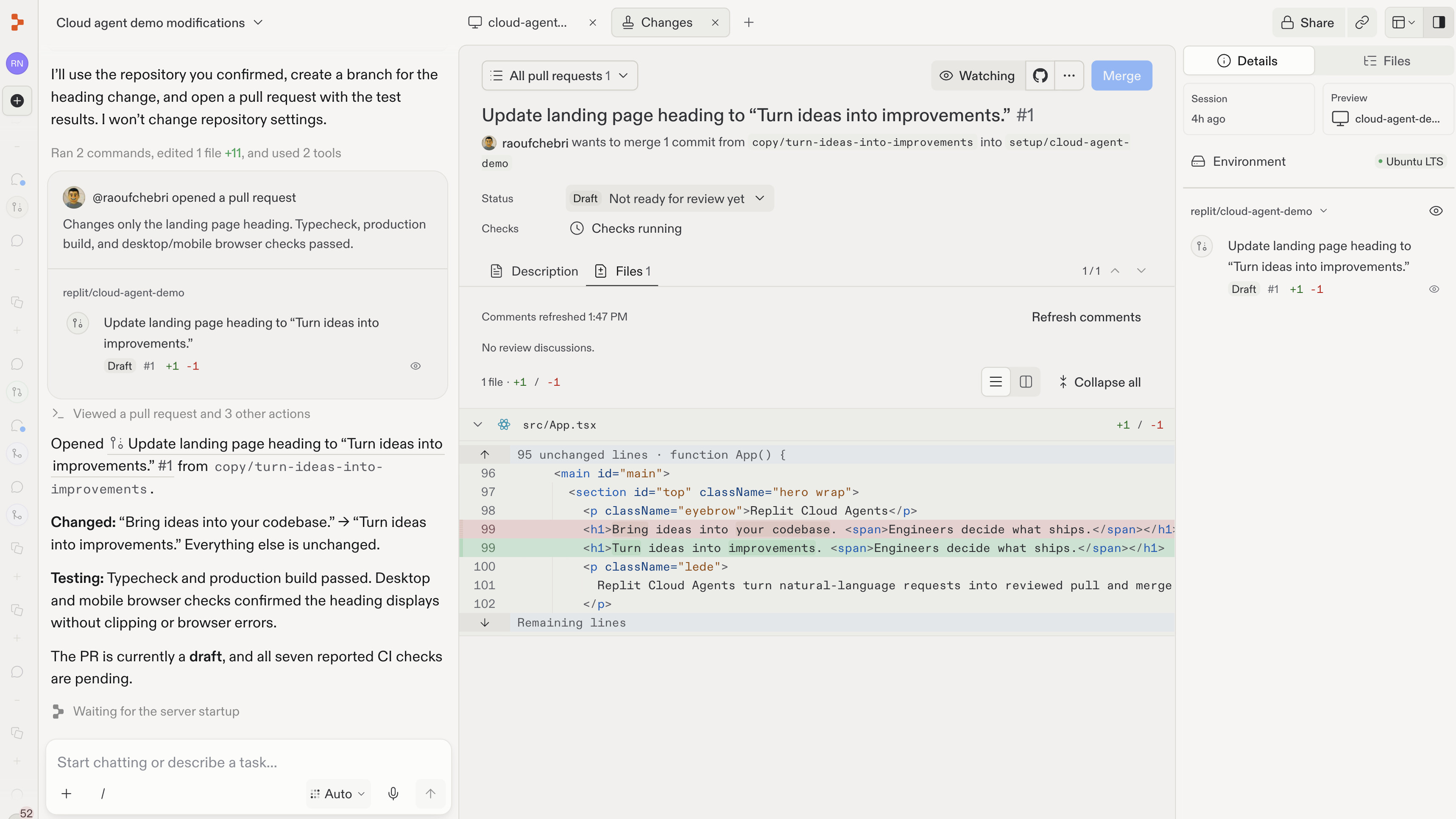 Replit displays a proposed heading change in the Changes pane beside the chat, with the linked pull request in Details.