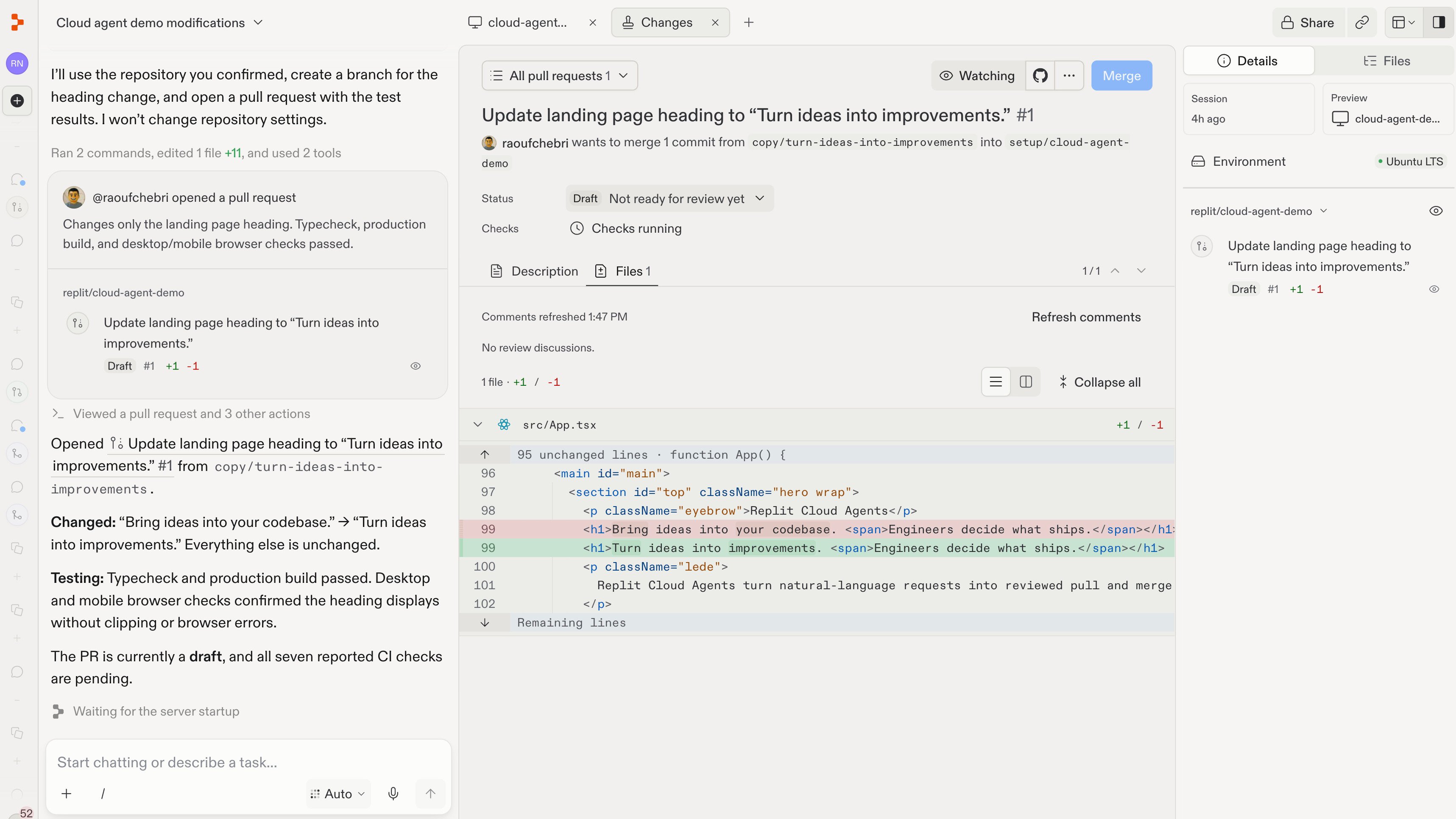 Replit displays a proposed heading change in the Changes pane beside the chat, with the linked pull request in Details.
