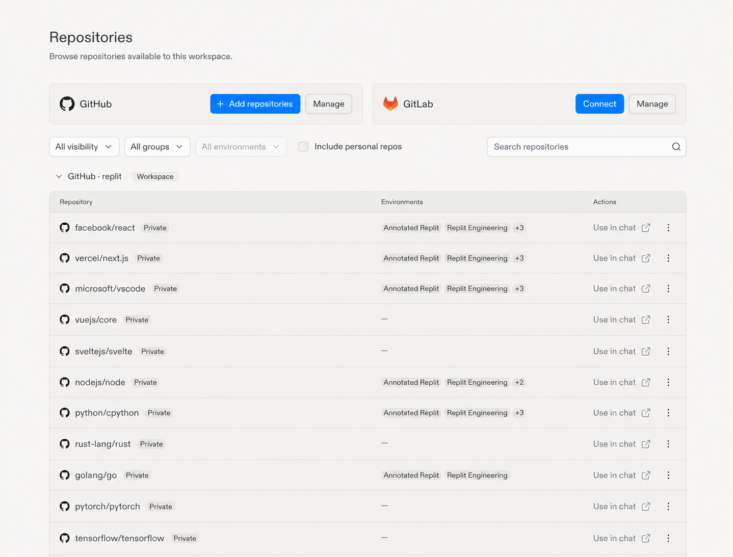 Repositories in Replit, with GitHub and GitLab connection controls and a Use in chat action beside each repository.