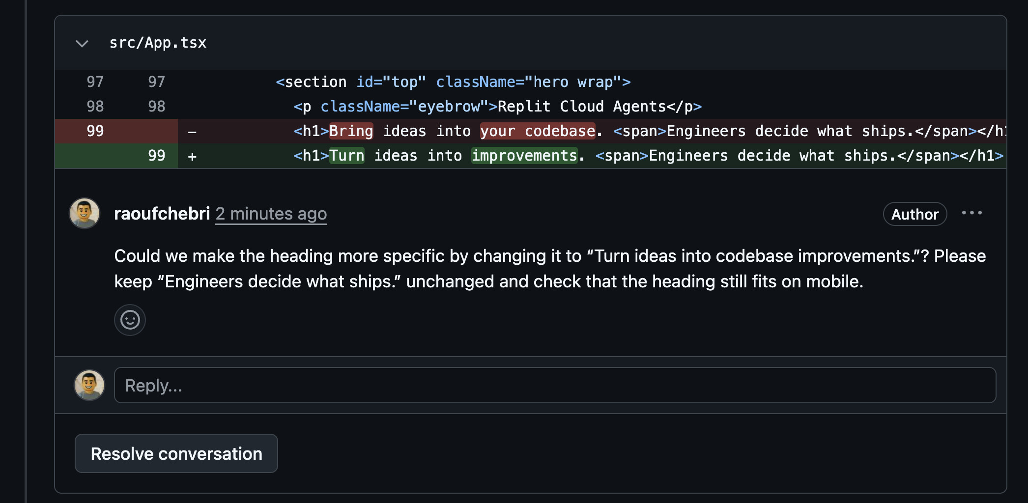 Review feedback asks for the heading Turn ideas into codebase improvements, while keeping the remaining text unchanged and checking mobile layout.