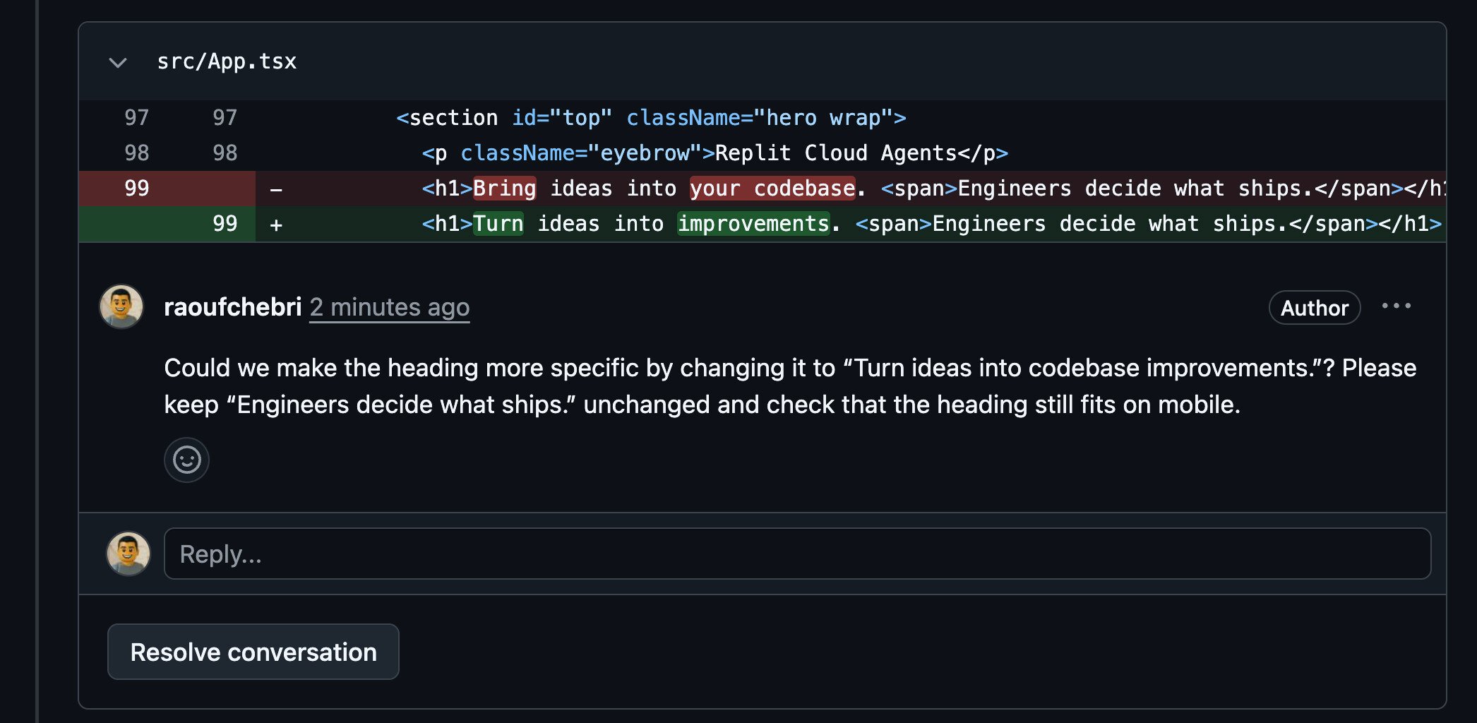 Review feedback asks for the heading Turn ideas into codebase improvements, while keeping the remaining text unchanged and checking mobile layout.