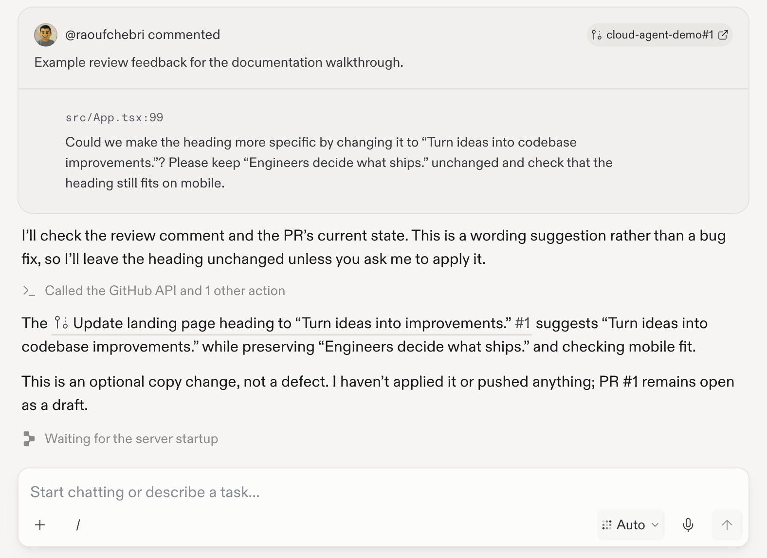 The review comment appears in Replit chat, where Replit explains that it has not applied or pushed the optional wording change.