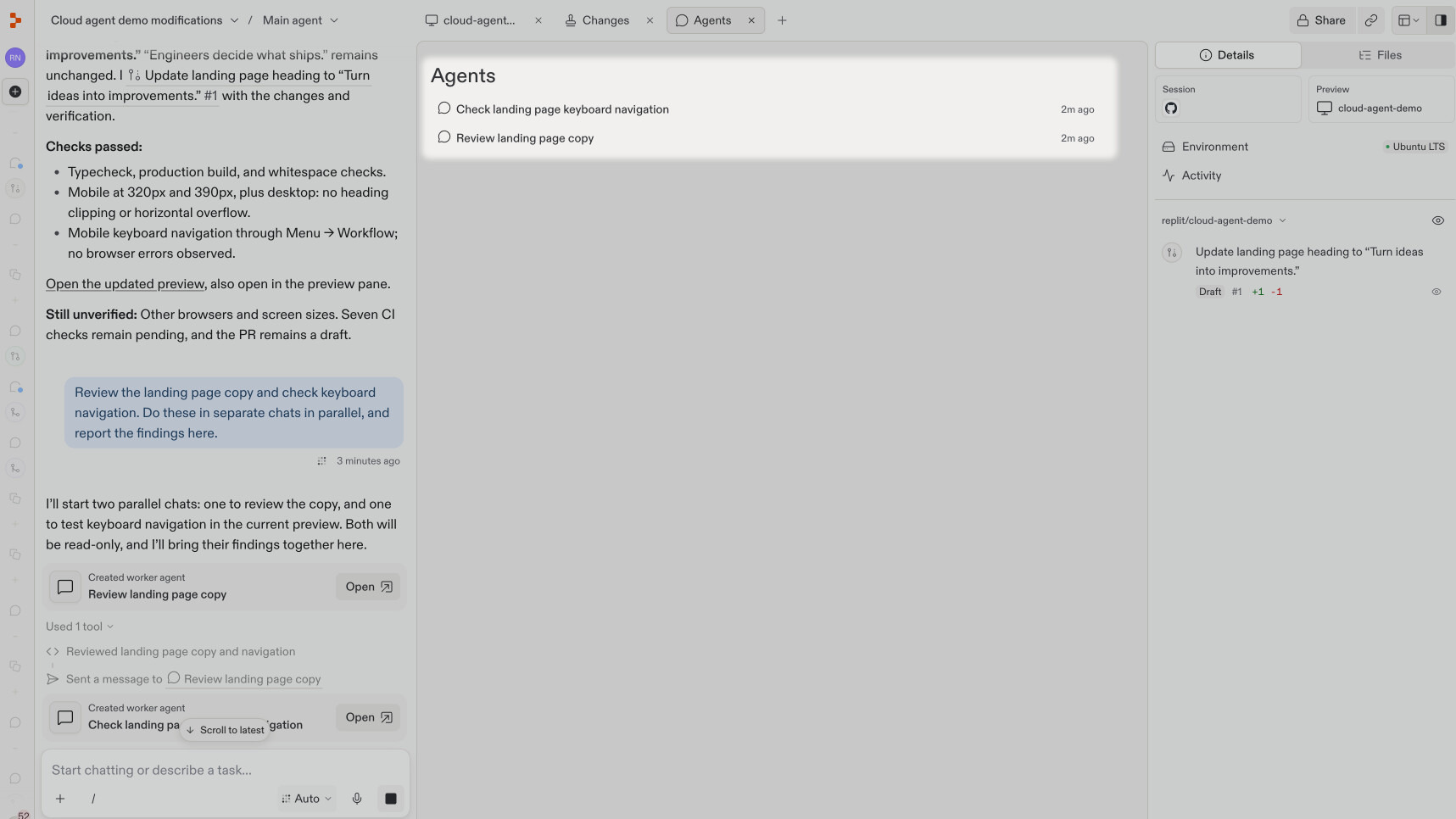 The Agents tab lists the keyboard navigation and landing page copy worker chats.