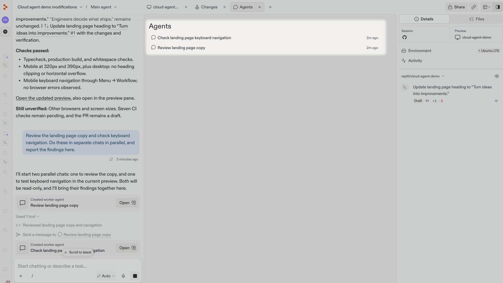 The Agents tab lists the keyboard navigation and landing page copy worker chats.
