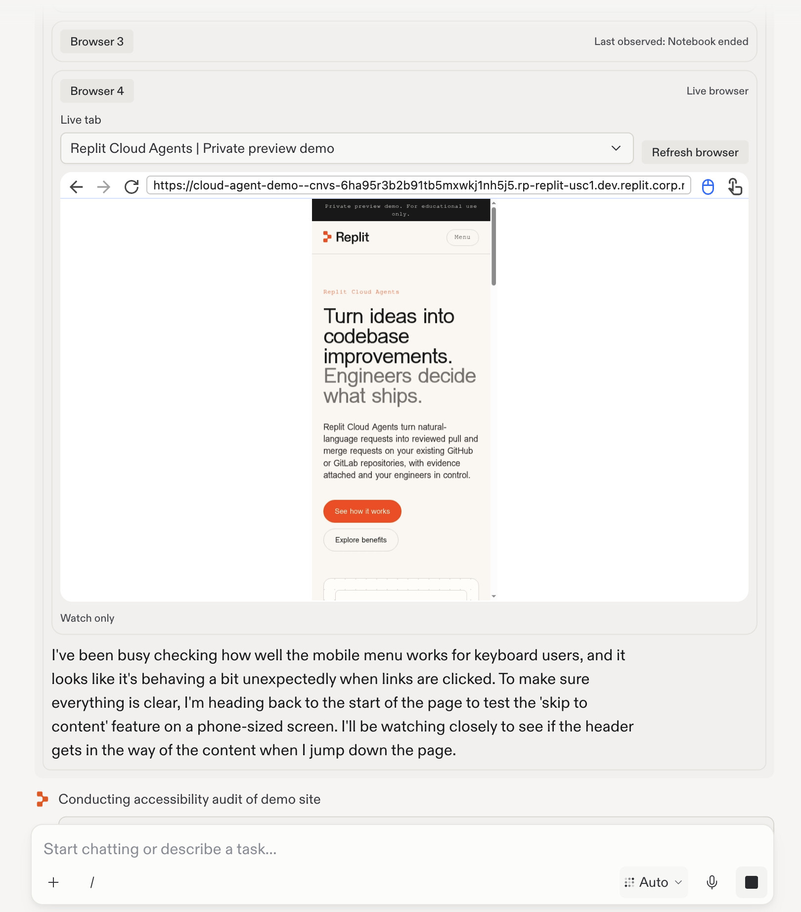 A worker chat tests the mobile landing page in a browser and describes its keyboard-navigation checks.