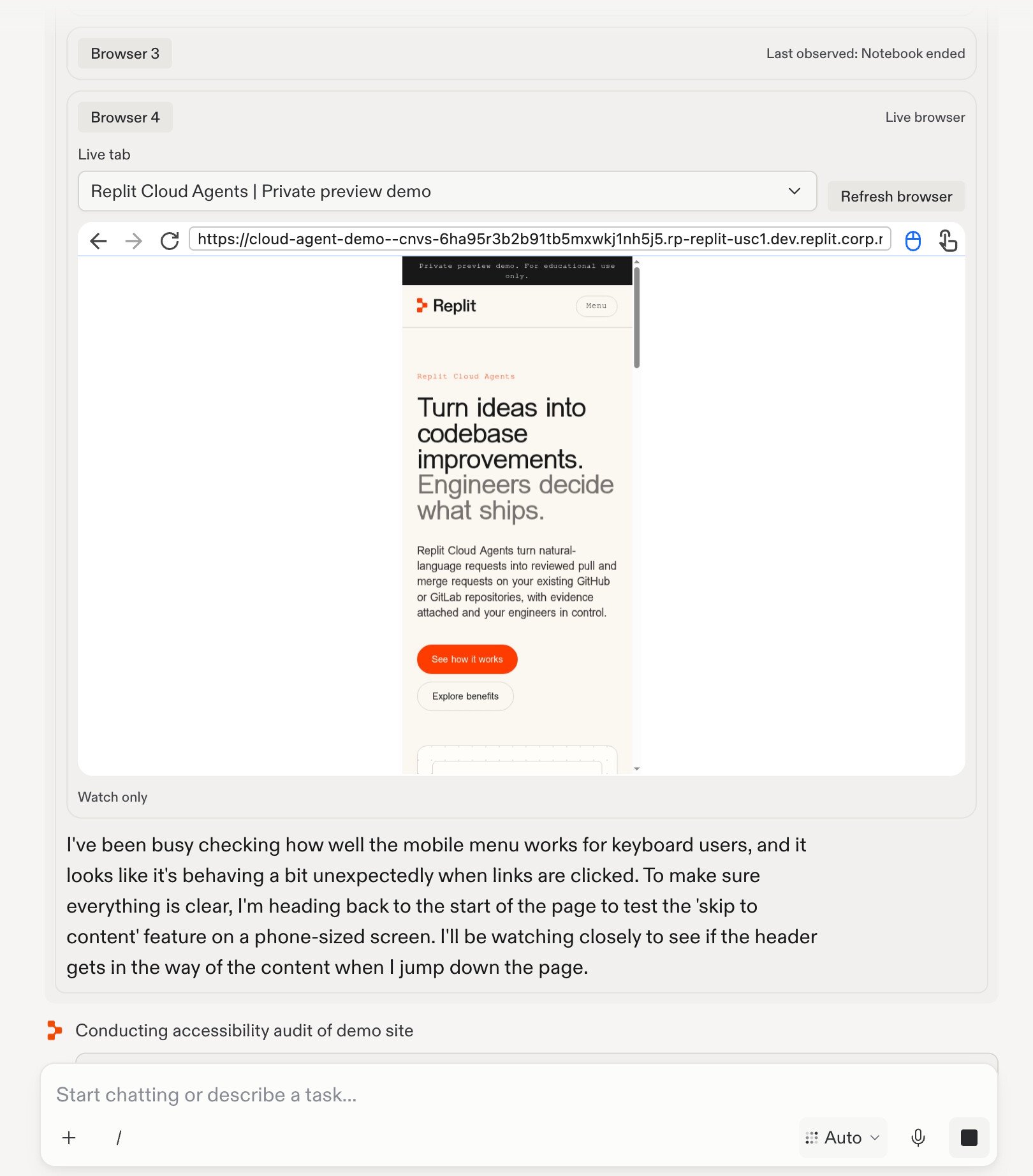 A worker chat tests the mobile landing page in a browser and describes its keyboard-navigation checks.
