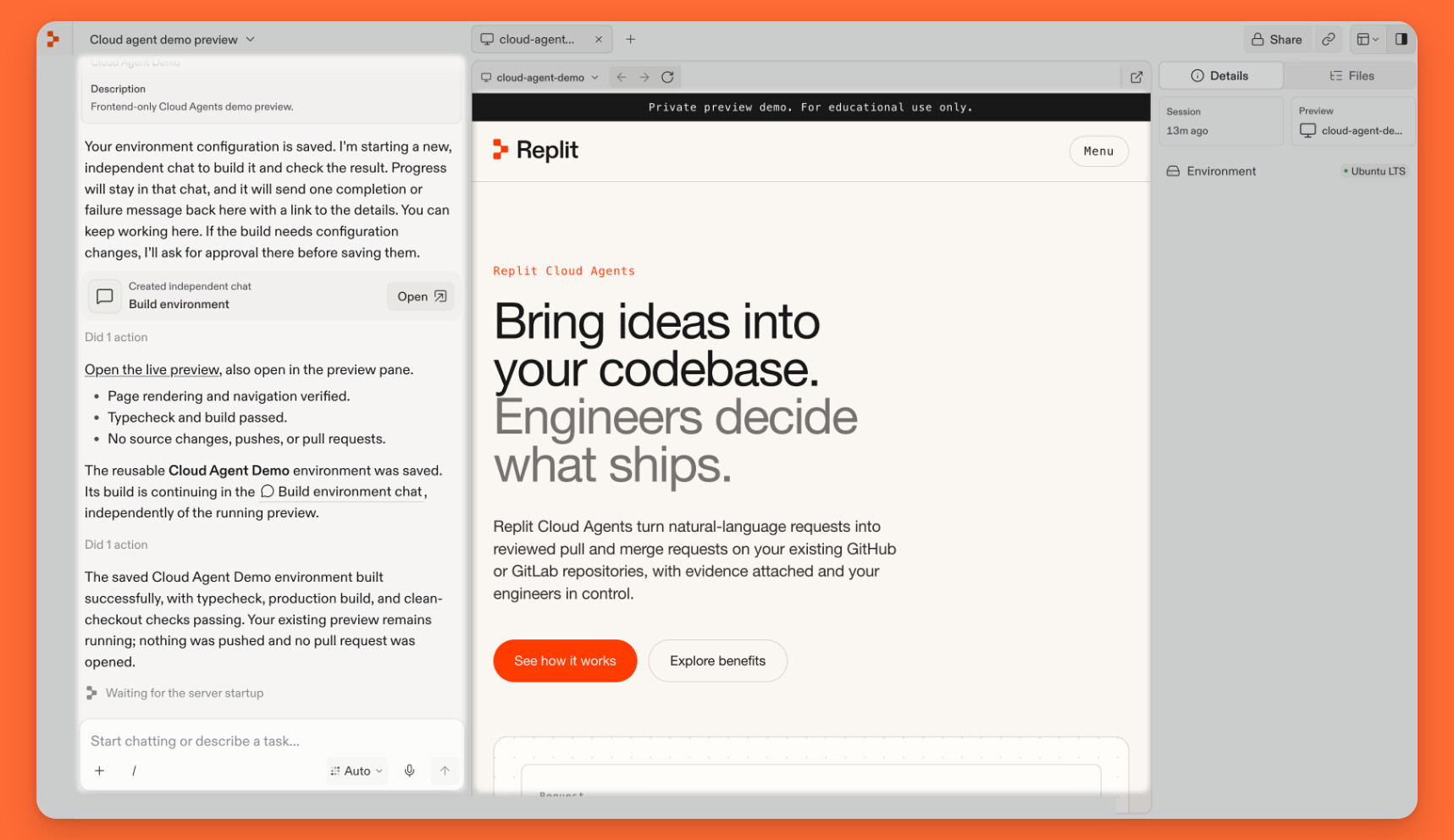 The Replit editor shows chat on the left, the running app preview in the center, and Details on the right.