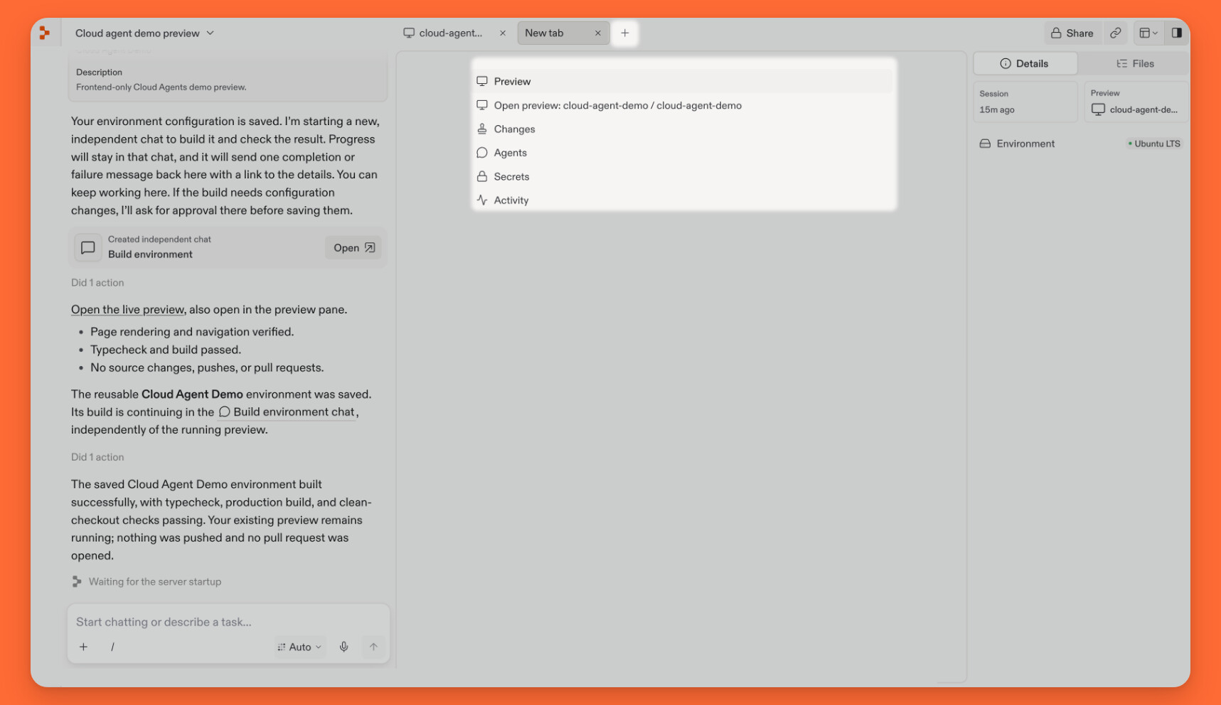 The new-tab menu lists Preview, Changes, Agents, Secrets, and Activity.