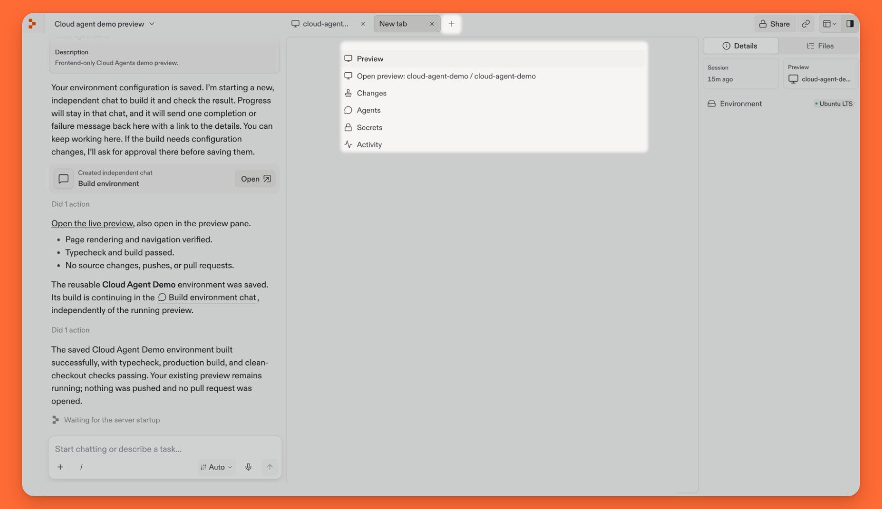 The new-tab menu lists Preview, Changes, Agents, Secrets, and Activity.