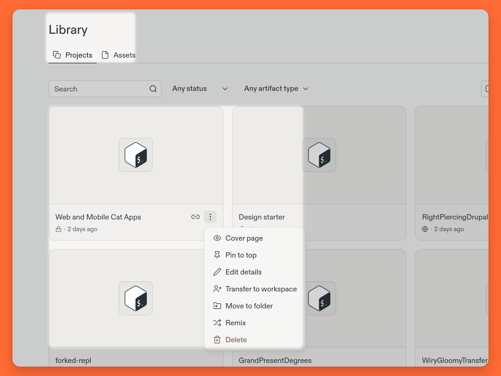 Visualização de Projects da Library com um card de projeto e a ação Transfer to workspace do menu em destaque