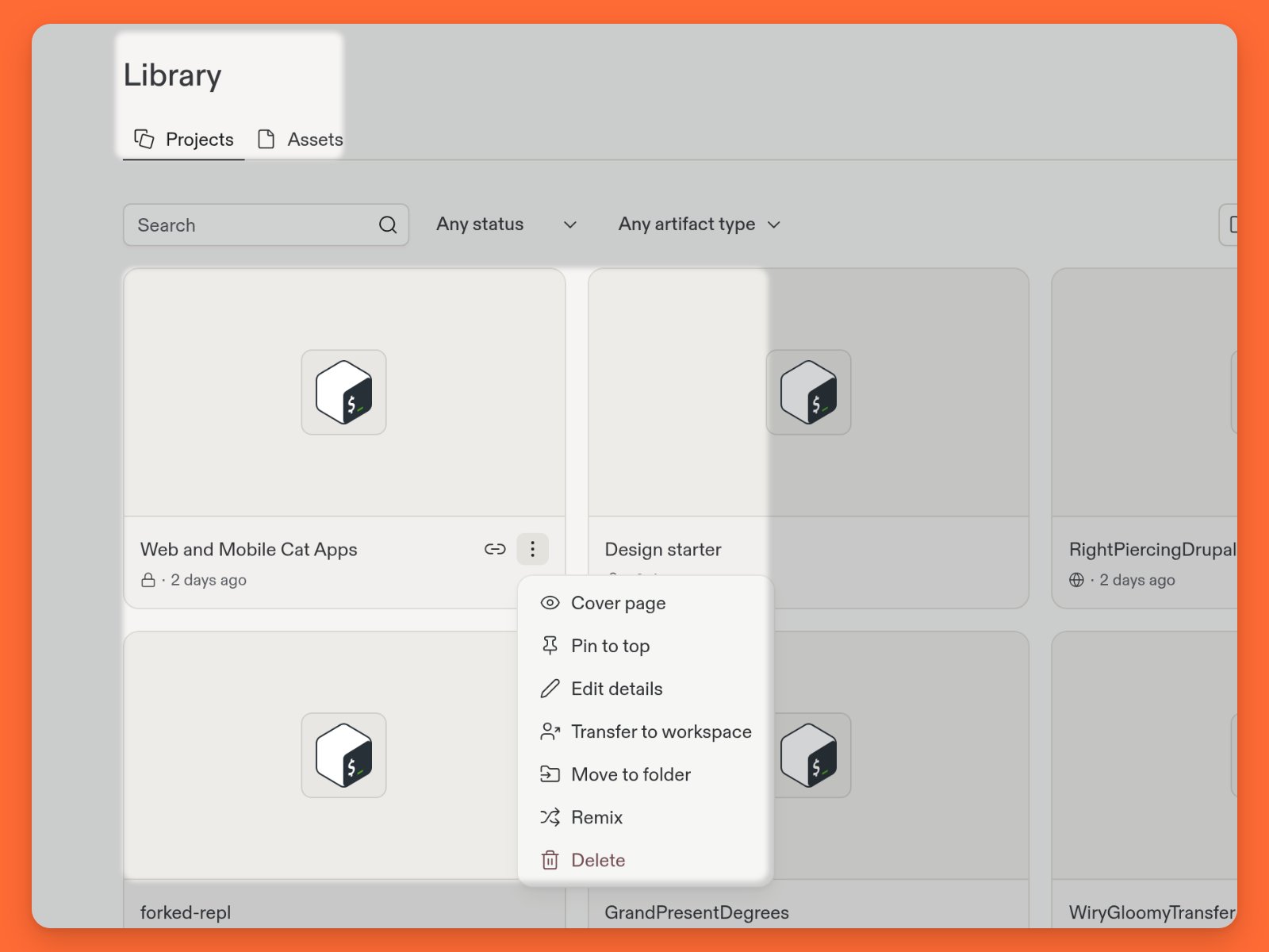 Visualização de Projects da Library com um card de projeto e a ação Transfer to workspace do menu em destaque