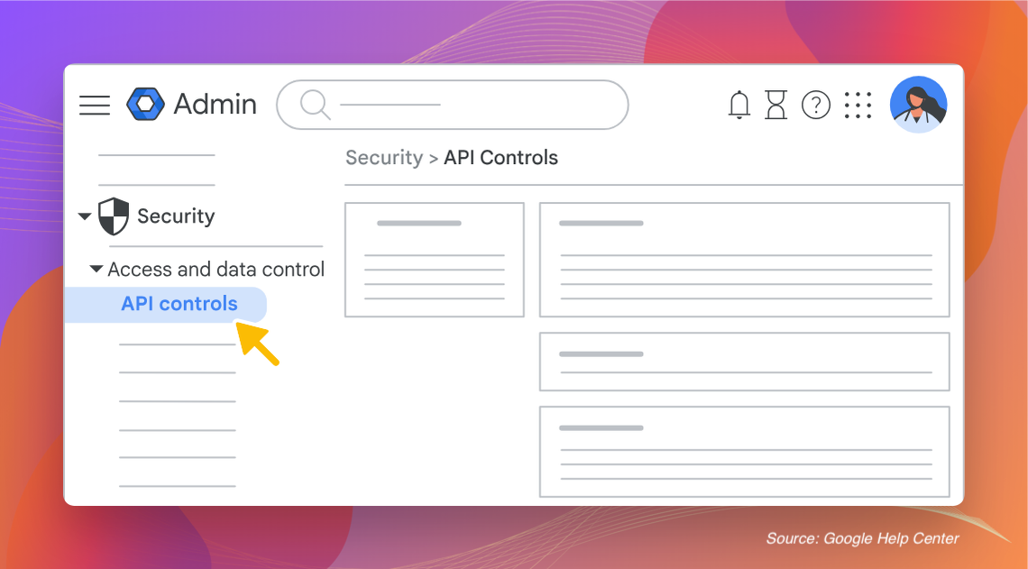 Google Admin console showing Security > API Controls navigation path
