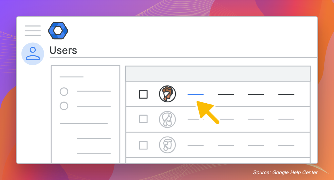Google Admin console Users section showing user accounts