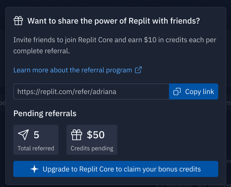 Referral program interface showing referral links and credit amounts