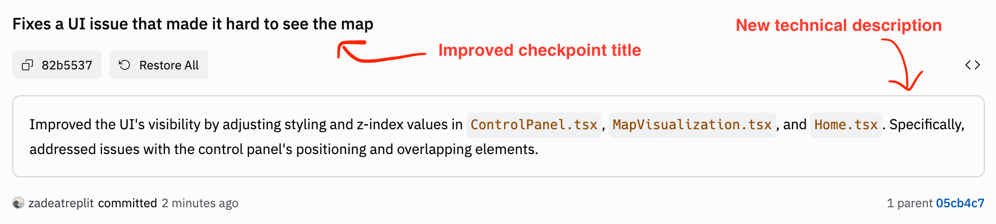 Checkpoint title and commit description example