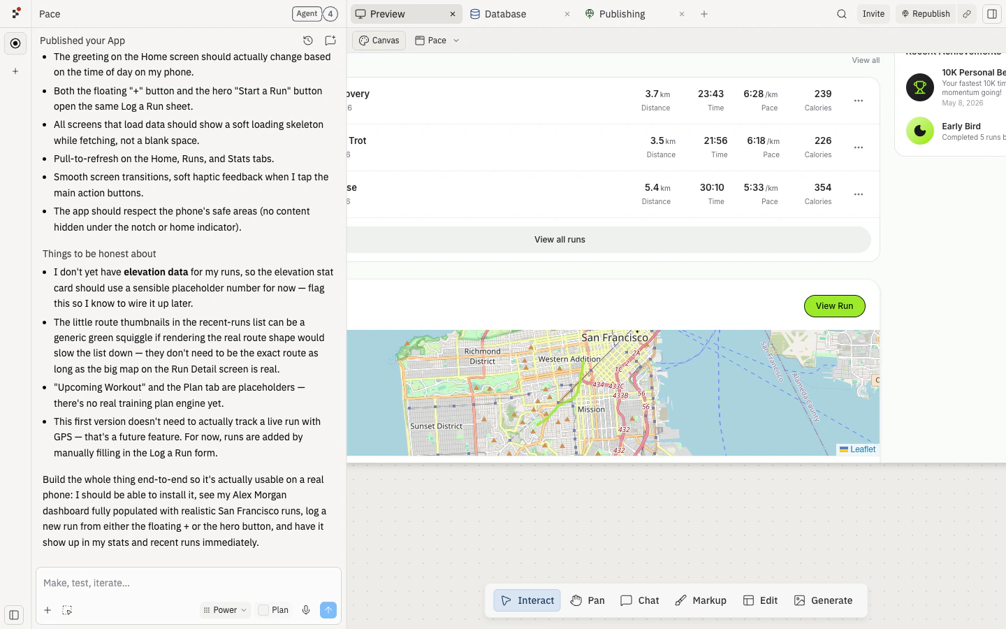The Pace prototype running in Preview — the workspace shows Agent's chat on the left and the populated Pace dashboard on the right, the kind of surface a first-time visitor would interact with