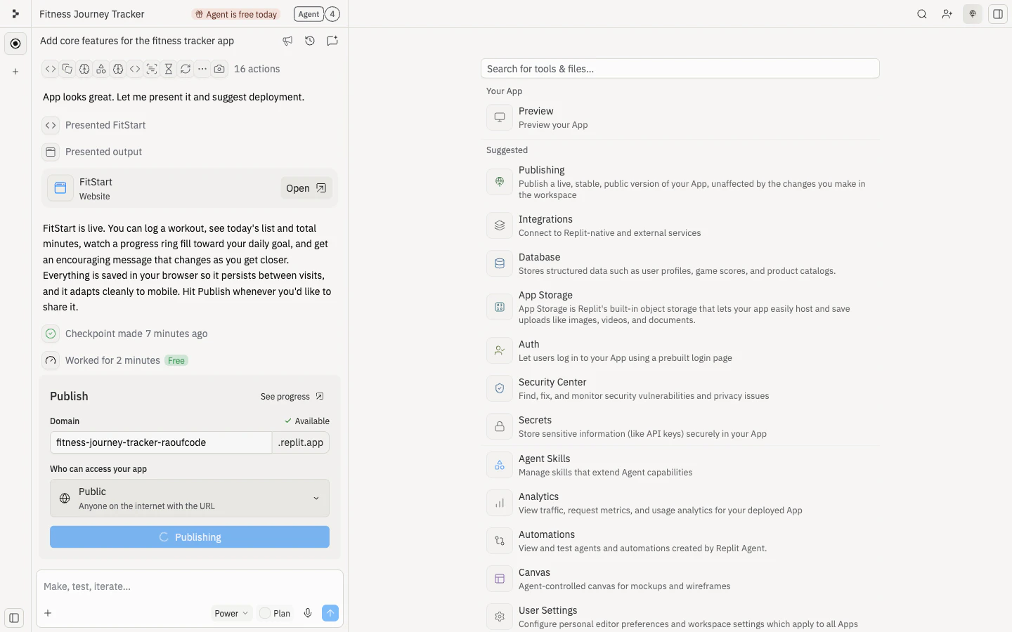 The Project Editor with both publish entry points visible: the inline Publish card in the Agent chat with a subdomain field and the Publishing tile in the Tools and files panel