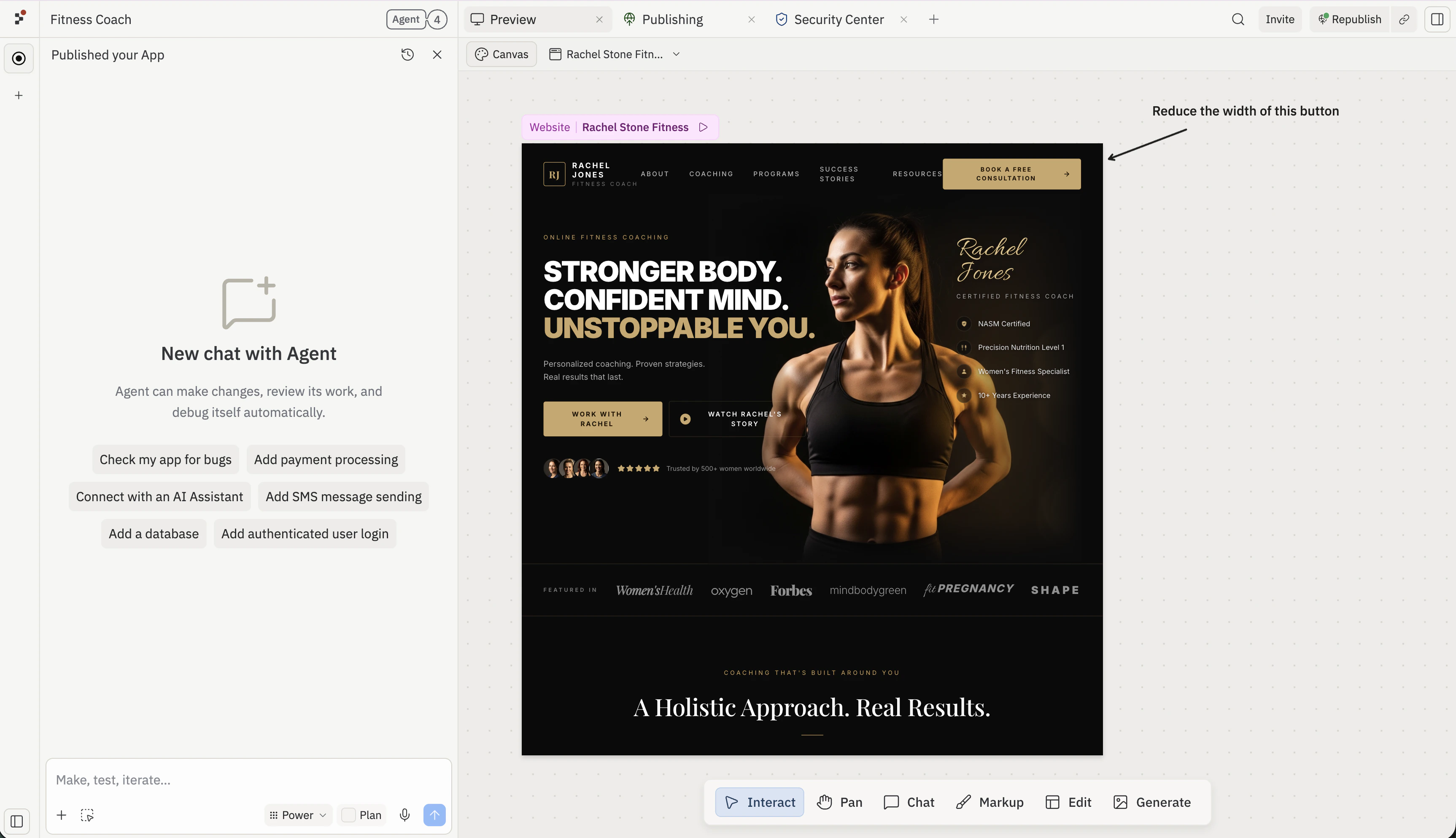 A Canvas annotation that reads 'Reduce the width of this button' placed in the empty canvas margin to the right of the Rachel Jones landing page, with an arrow pointing at the gold 'Book a Free Consultation' button in the page header