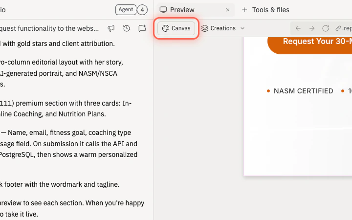 The Replit workspace with the Canvas button highlighted under the Preview and Tools tabs
