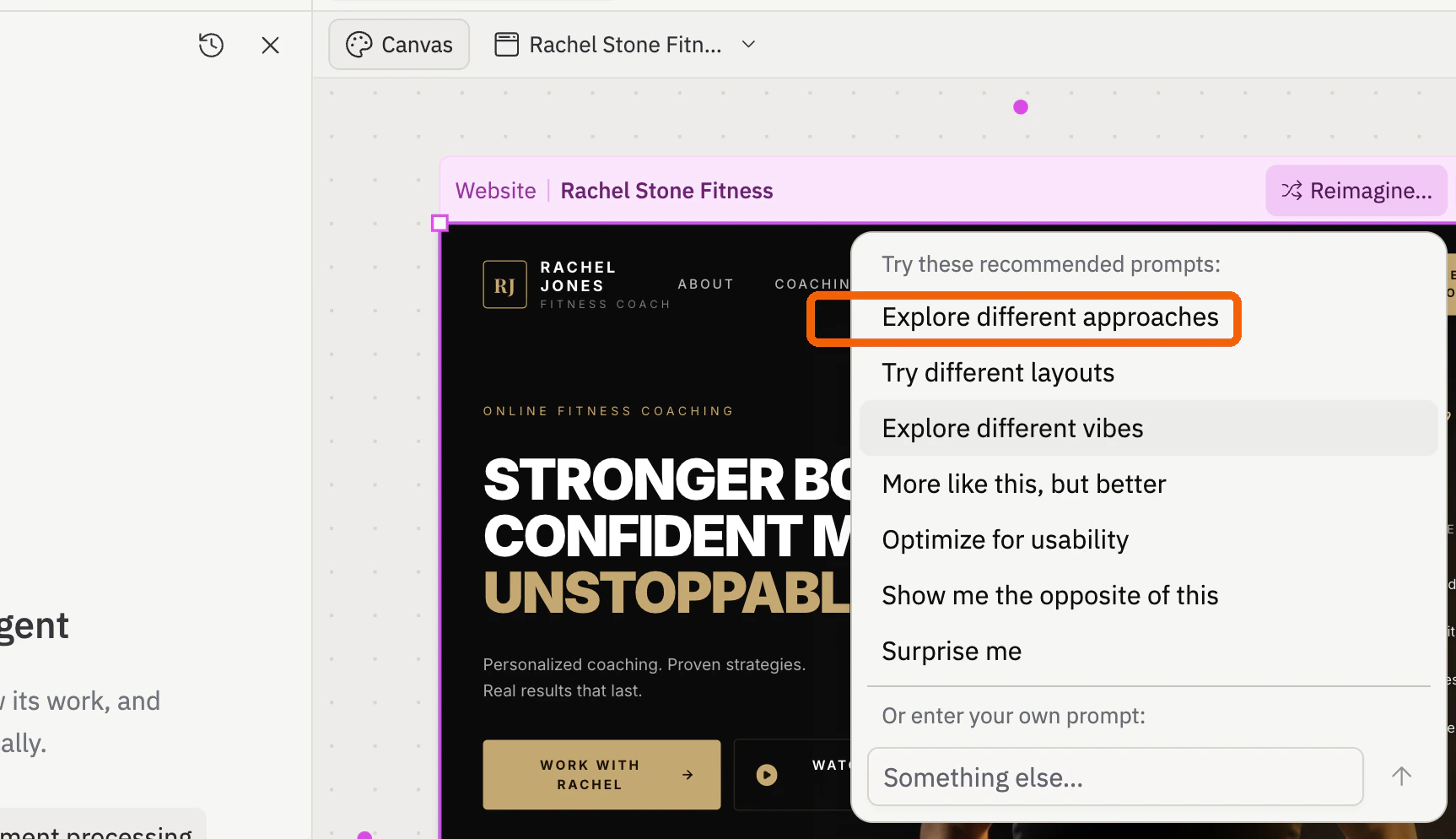 The Reimagine menu open on the Rachel Stone mockup with the Explore different approaches option highlighted
