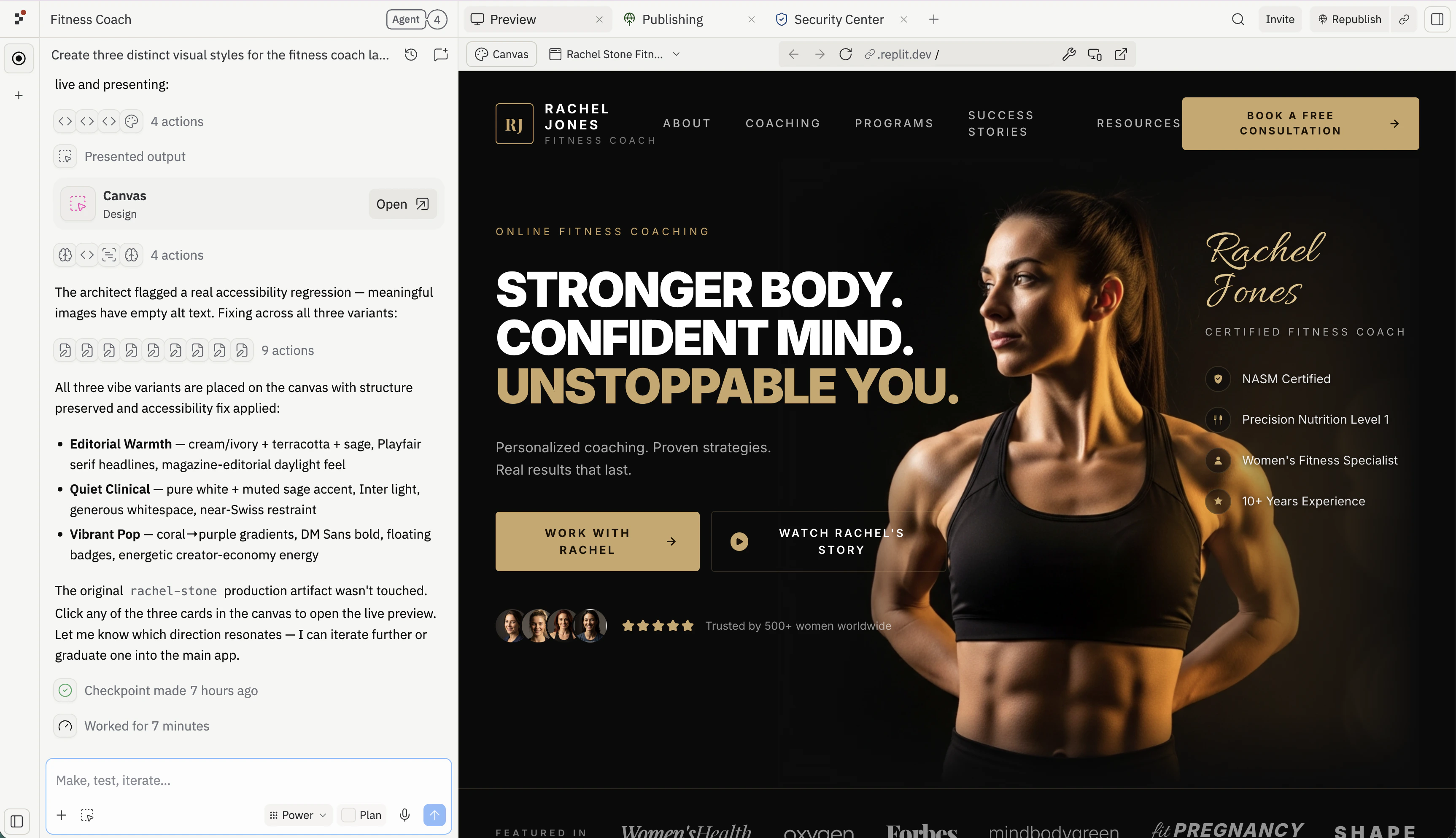 The Rachel Jones fitness coach landing page rendered in the Replit Preview pane next to the Agent chat — a dark editorial hero with the headline 'Stronger body. Confident mind. Unstoppable you.' over a gold-lit portrait, Work with Rachel and Watch Rachel's Story buttons, certification credentials on the right, and a 'Trusted by 500+ women worldwide' five-star strip
