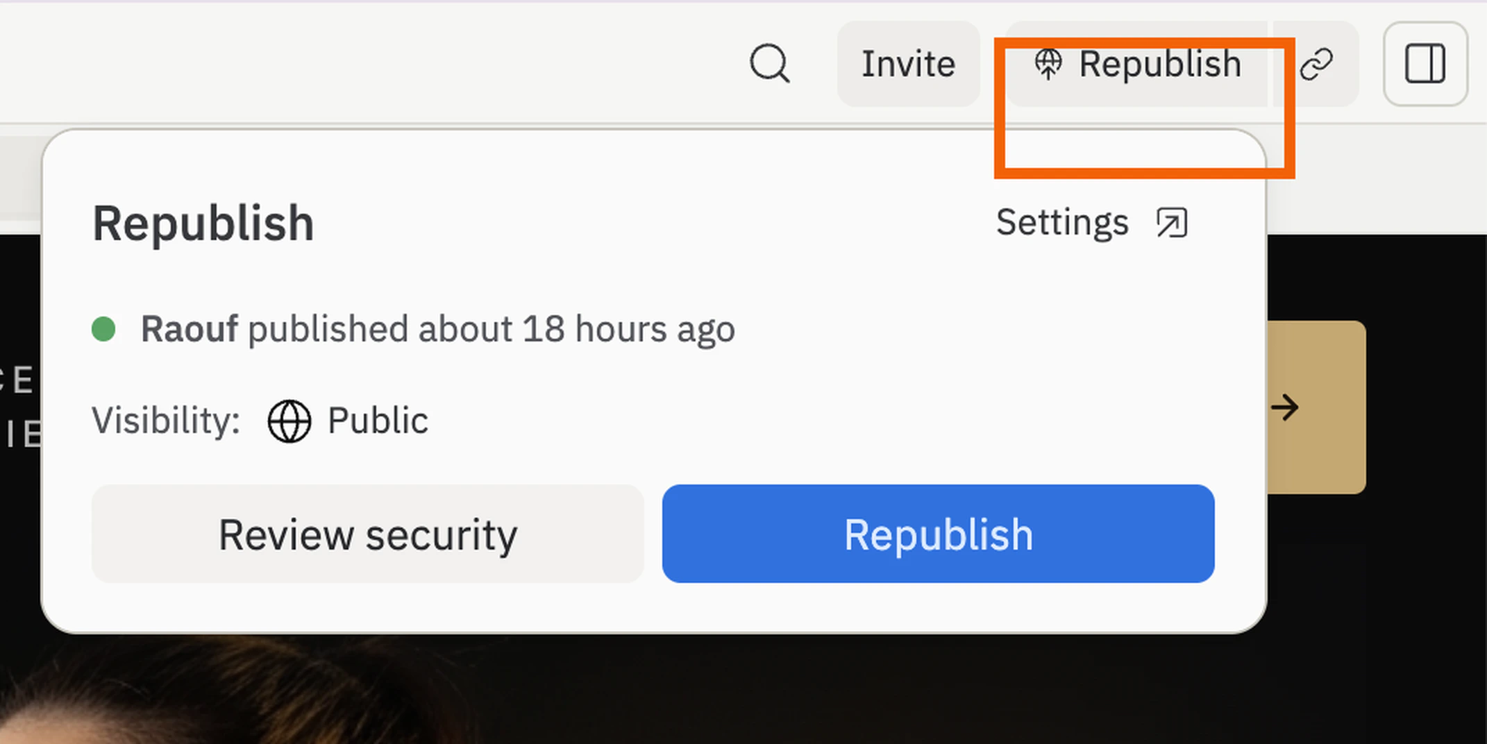 The top-right corner of the Replit workspace zoomed in 2x — the gray Republish button in the header is highlighted with an orange outline, and its popover is open below showing 'Raouf published about 18 hours ago', Visibility: Public, and Review security and Republish action buttons