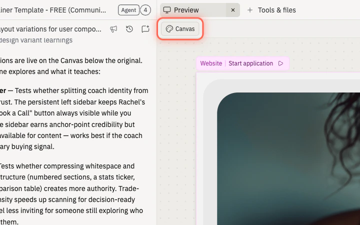 The Replit workspace pane header with the Canvas tab highlighted next to Preview and Tools & files