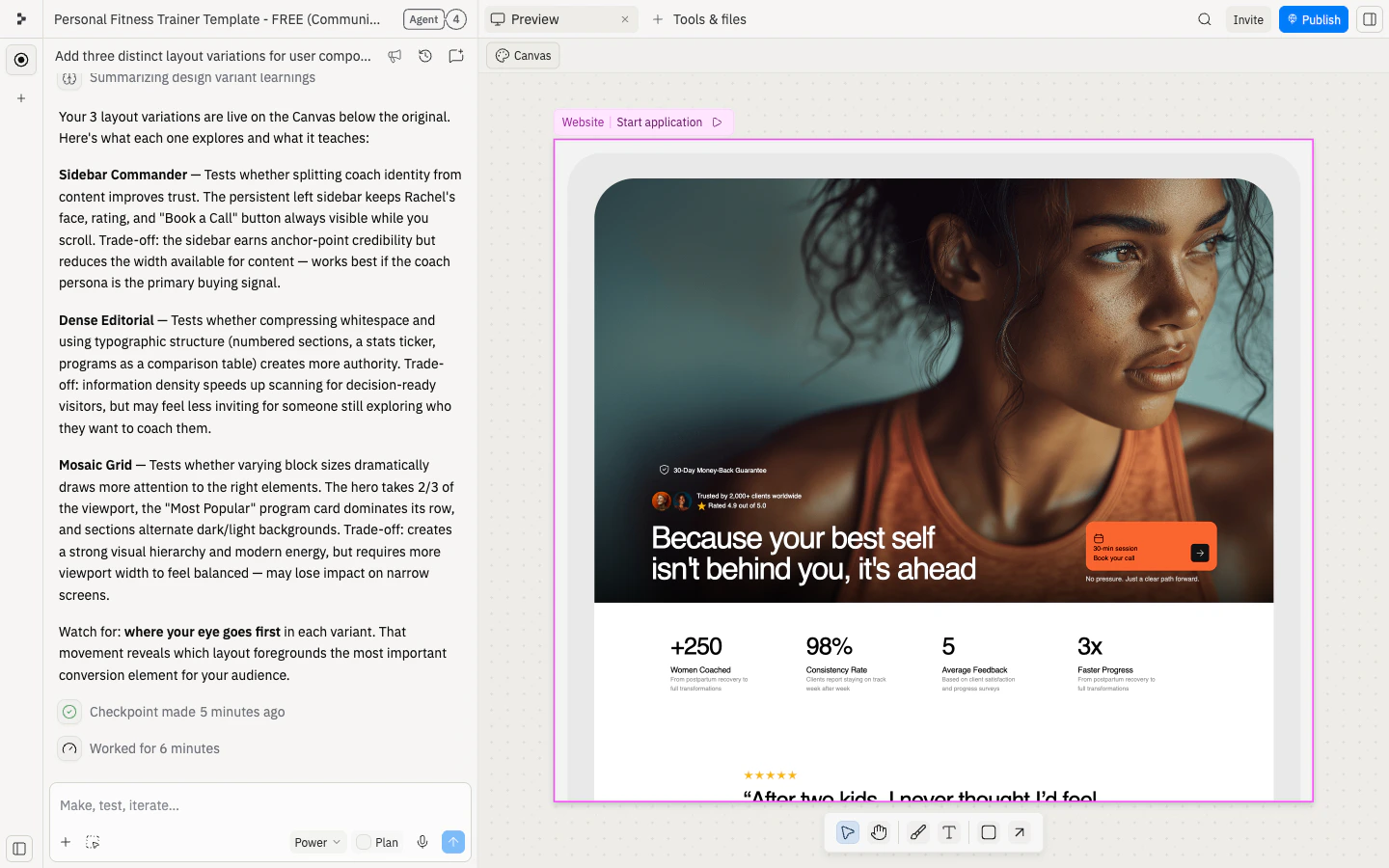 The Canvas with the imported FitStart mockup and Agent's layout suggestions in the chat panel