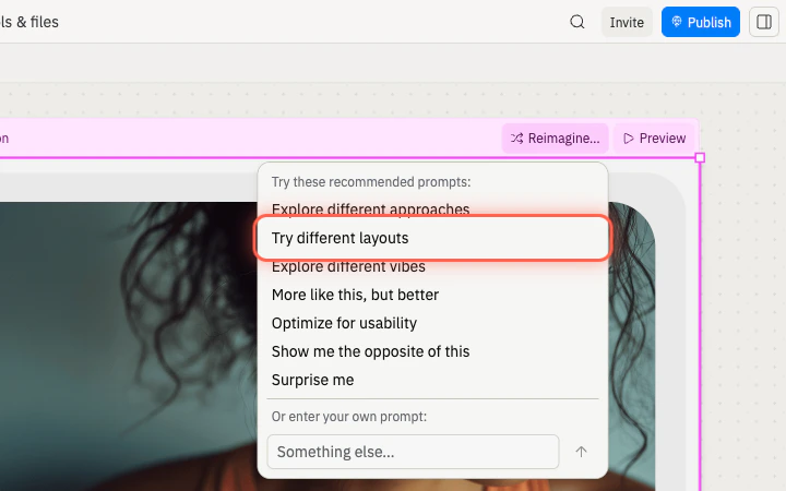 The Reimagine menu open on a Canvas mockup with the Try different layouts option highlighted