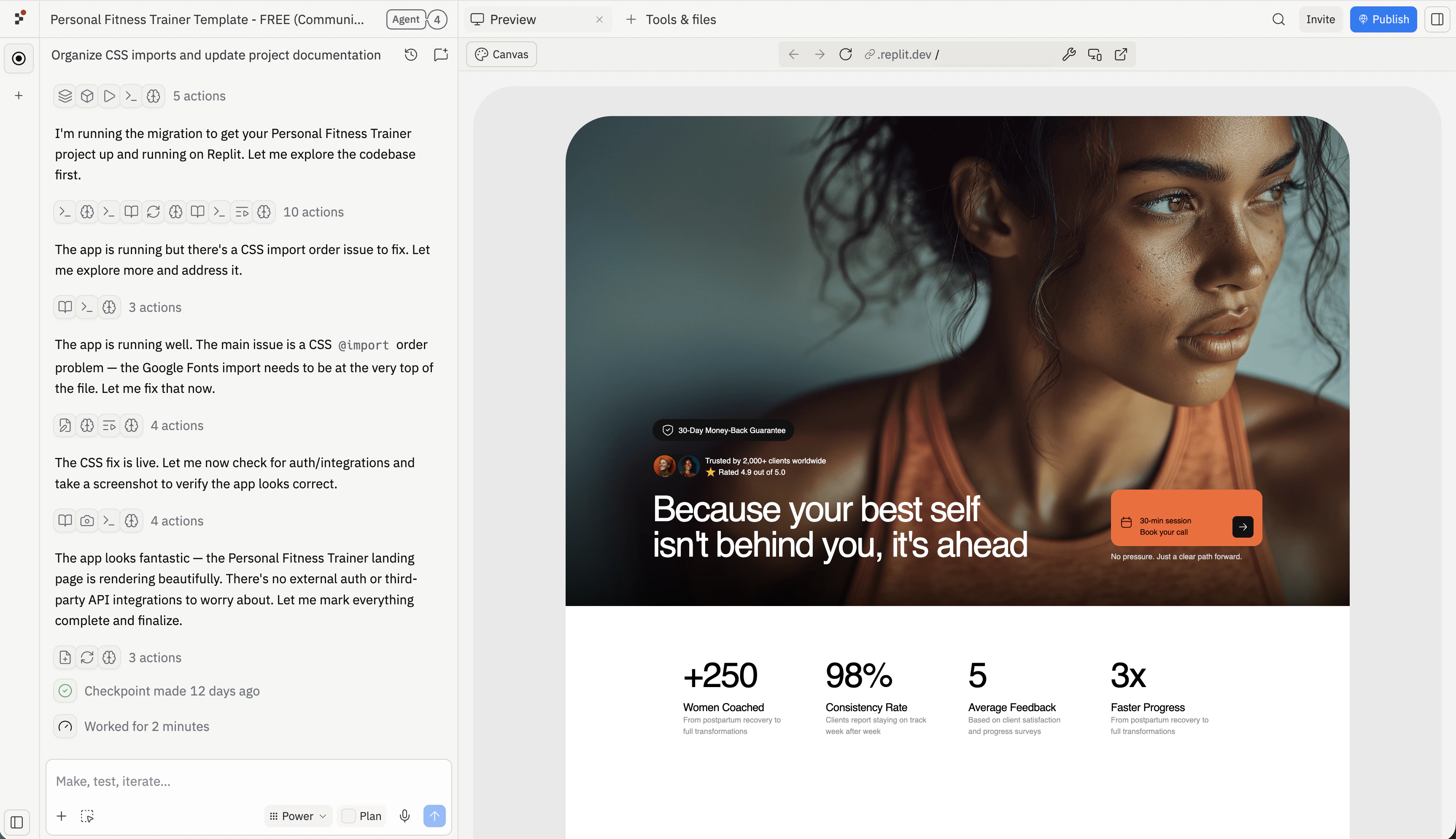 The imported FitStart Personal Fitness Trainer landing page running in Preview alongside Agent's checkpoint history, showing the hero, money-back guarantee badge, and stat row Agent built from the Figma frame