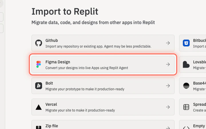 The Replit import page with the Figma Design tile highlighted; selecting it opens the Figma import flow that turns a frame into a React app