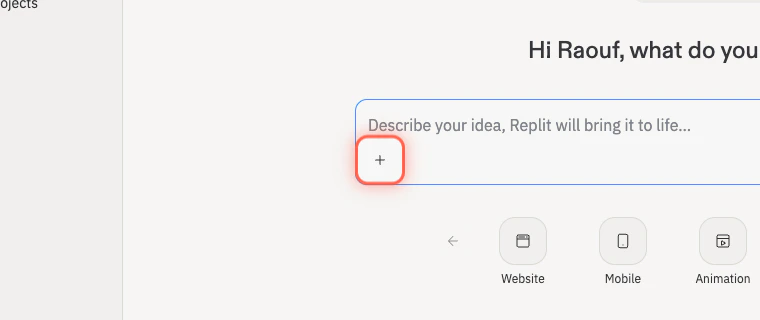 The Replit prompt composer with the plus button highlighted; selecting it opens the Add attachment menu where you can import a Figma design