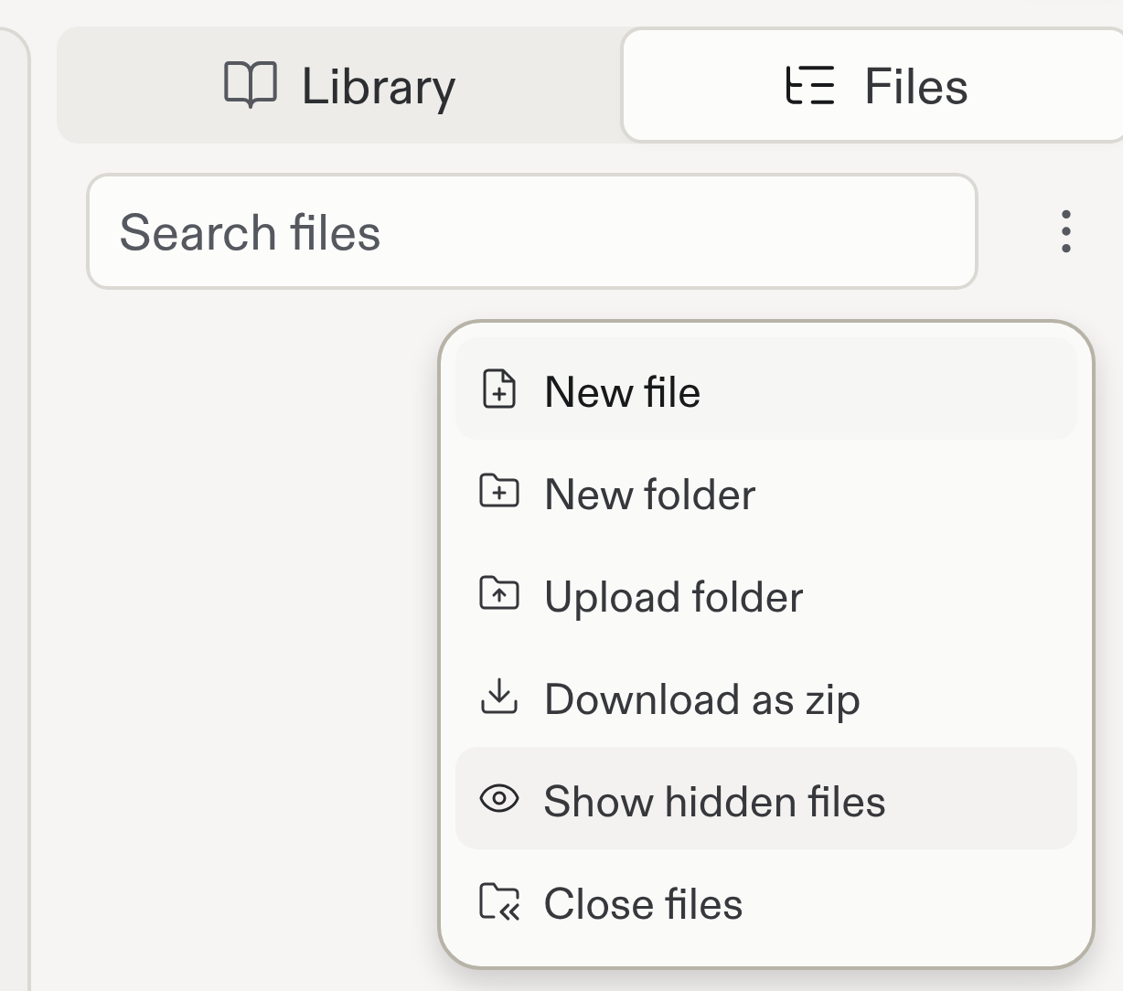 Files tab in the Library sidebar with the three-dot menu open and Show hidden files highlighted