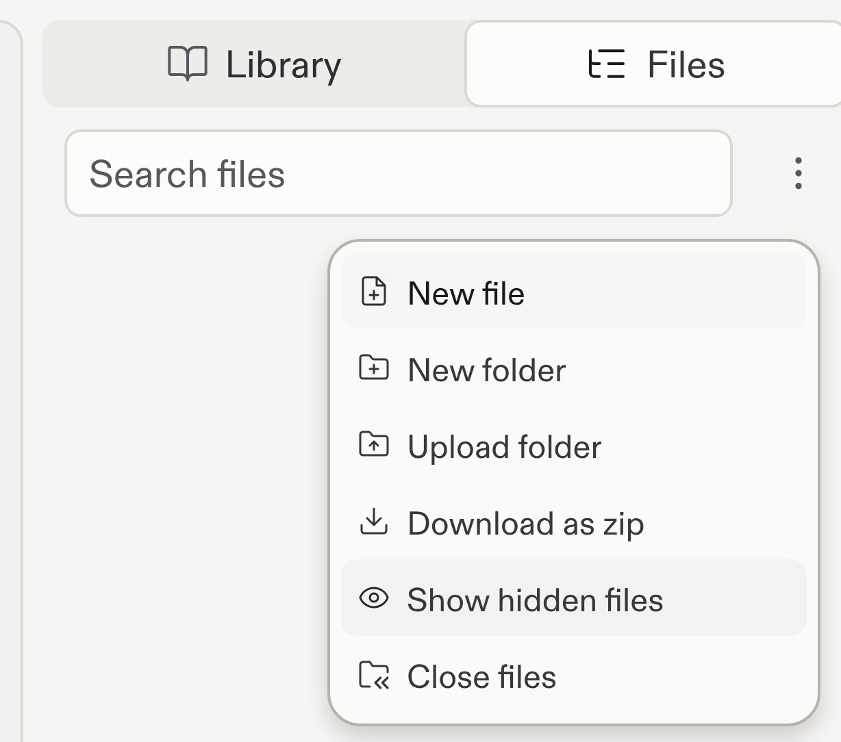 Files tab in the Library sidebar with the three-dot menu open and Show hidden files highlighted