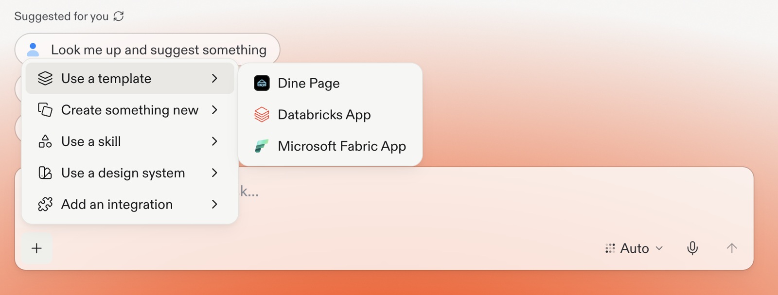 Replit home prompt box with the plus menu open and Use a template showing Databricks App and Microsoft Fabric App
